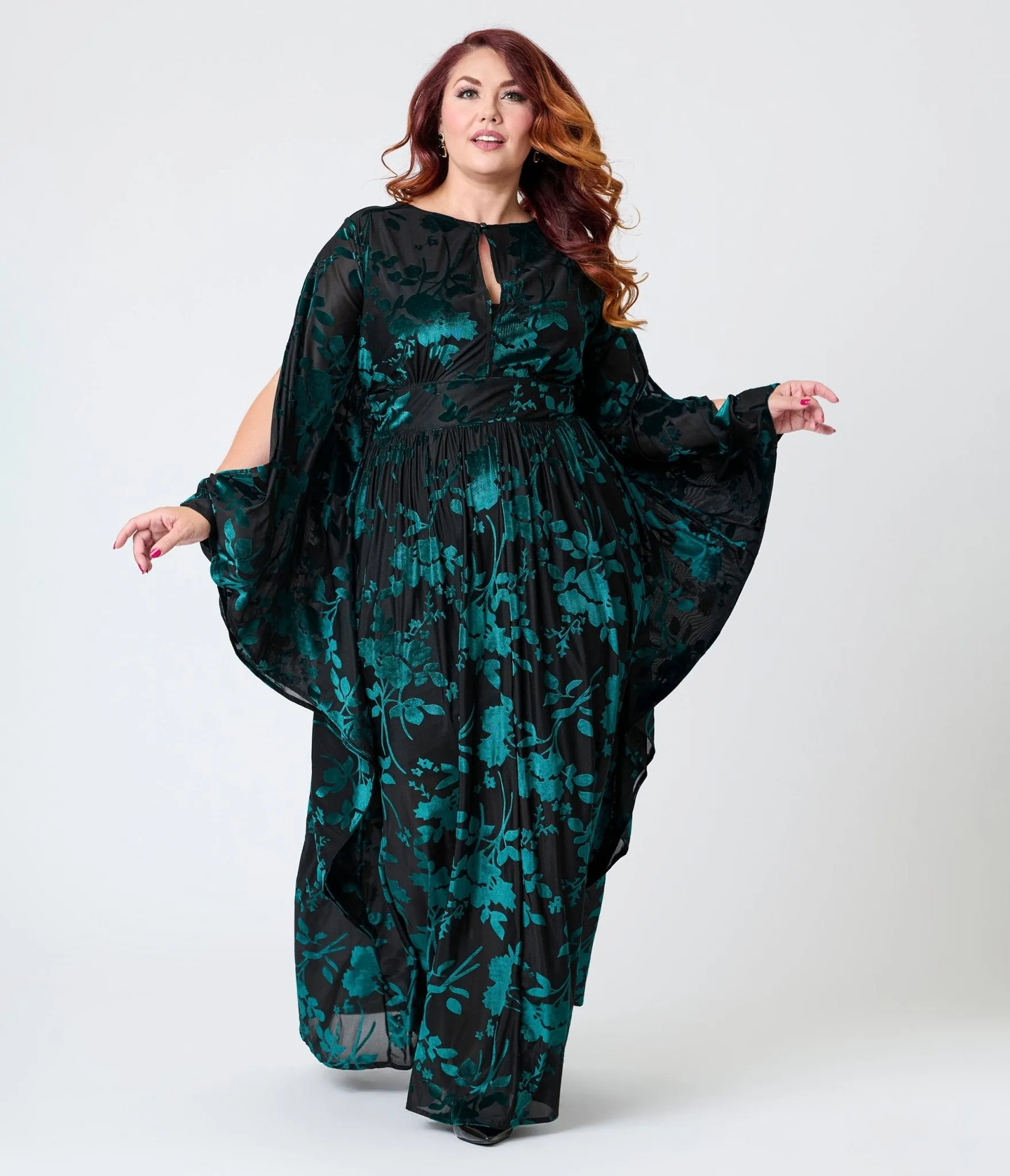 Unique Vintage Plus Size Black & Teal Floral Velvet Burnout Flutter Sleeve Caftan sold by Unique Vintage