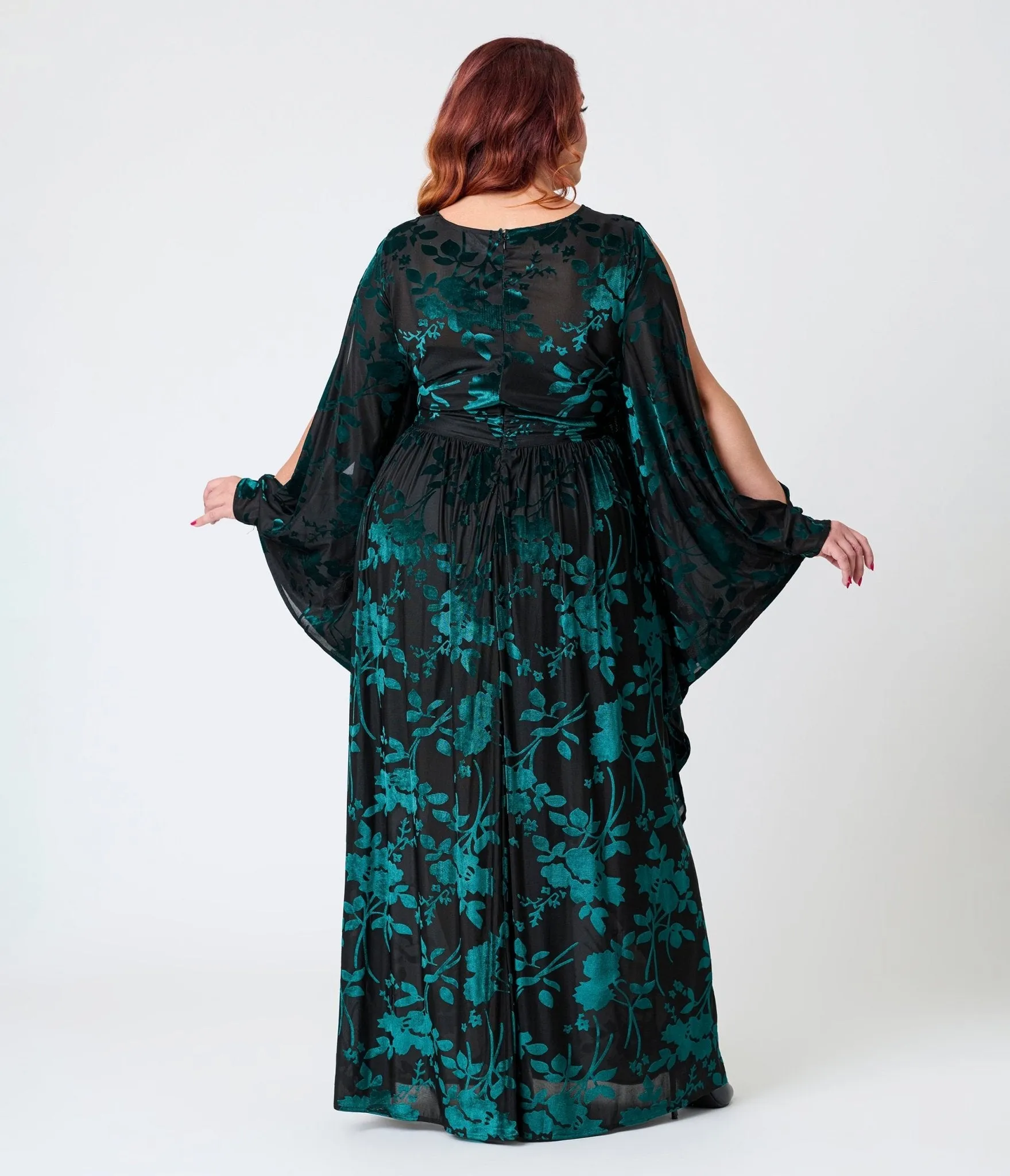 Unique Vintage Plus Size Black & Teal Floral Velvet Burnout Flutter Sleeve Caftan sold by Unique Vintage product image thumbnail 2