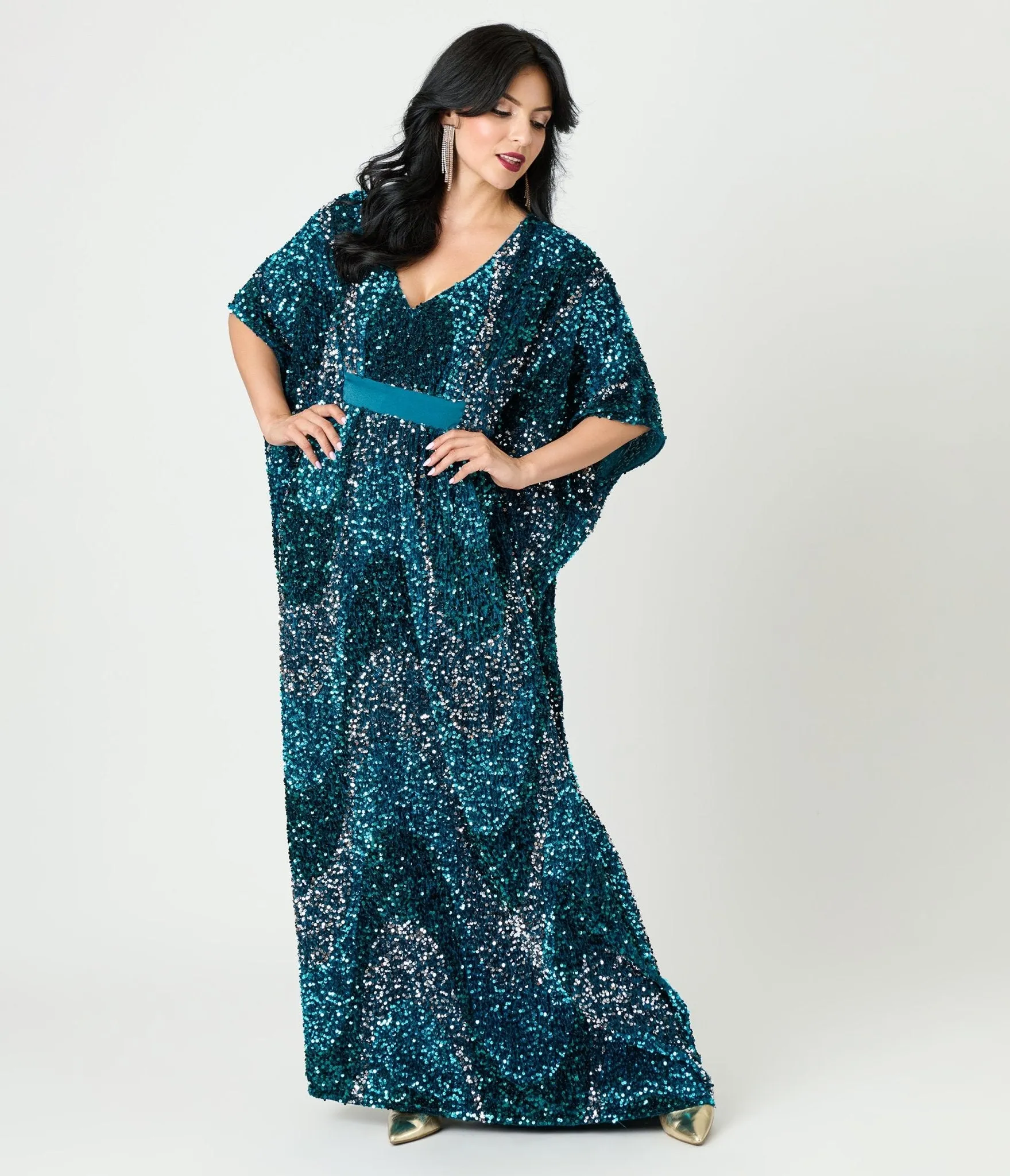 Unique Vintage Teal Sequin Burton Caftan Dress sold by Unique Vintage