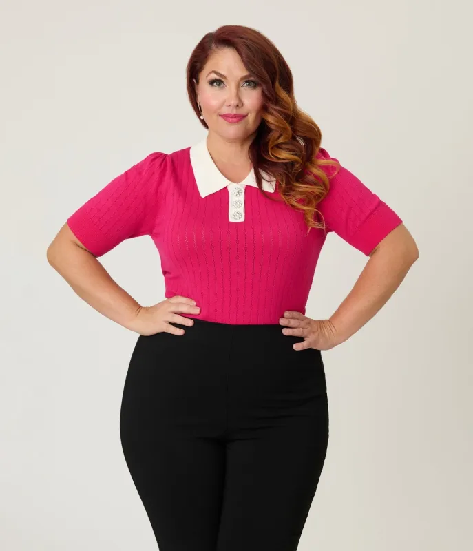 Unique Vintage Plus Size Hot Pink & Rhinestone Buttons Prim & Pretty Sweater sold by Unique Vintage
