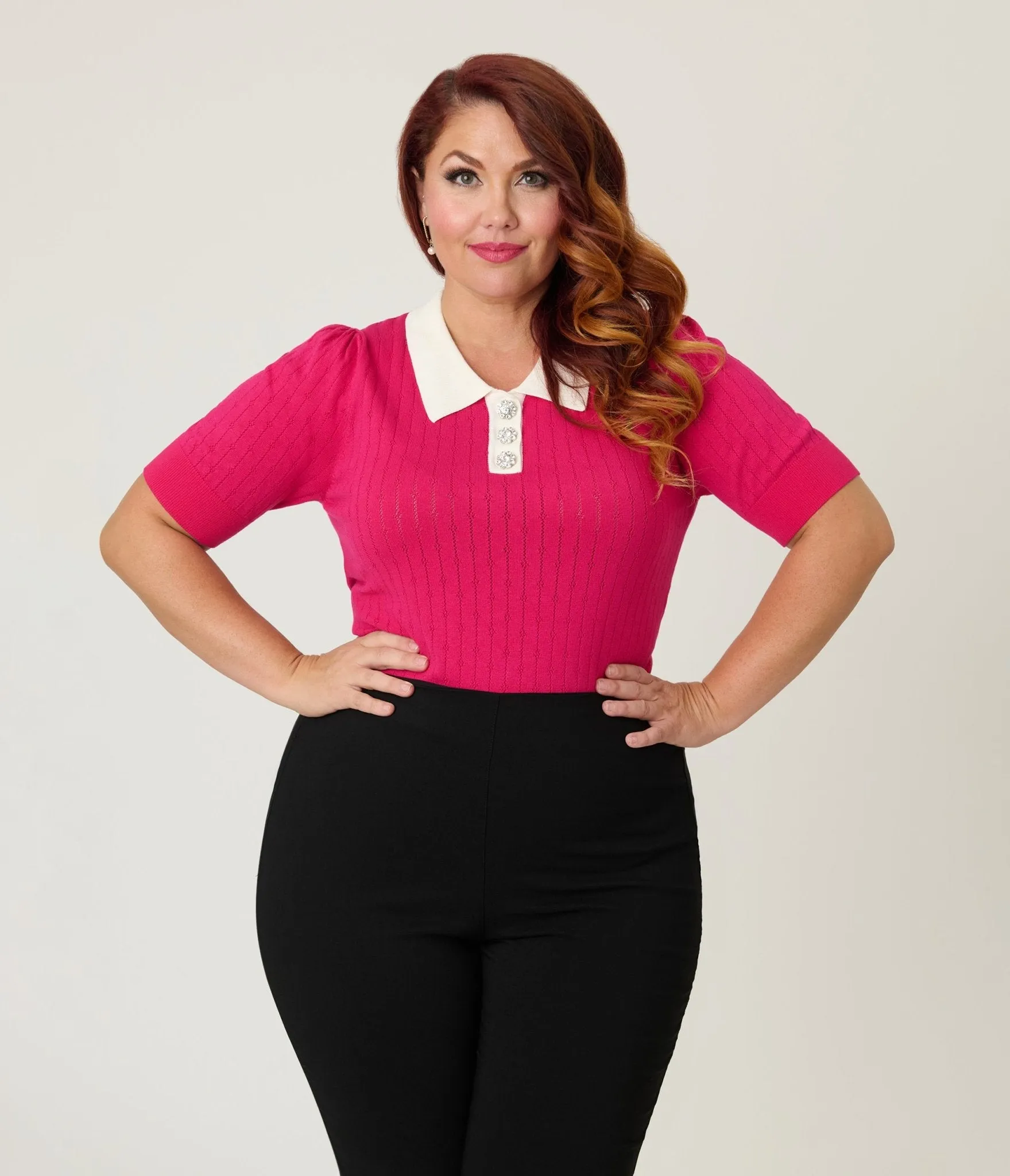 Unique Vintage Plus Size Hot Pink & Rhinestone Buttons Prim & Pretty Sweater sold by Unique Vintage