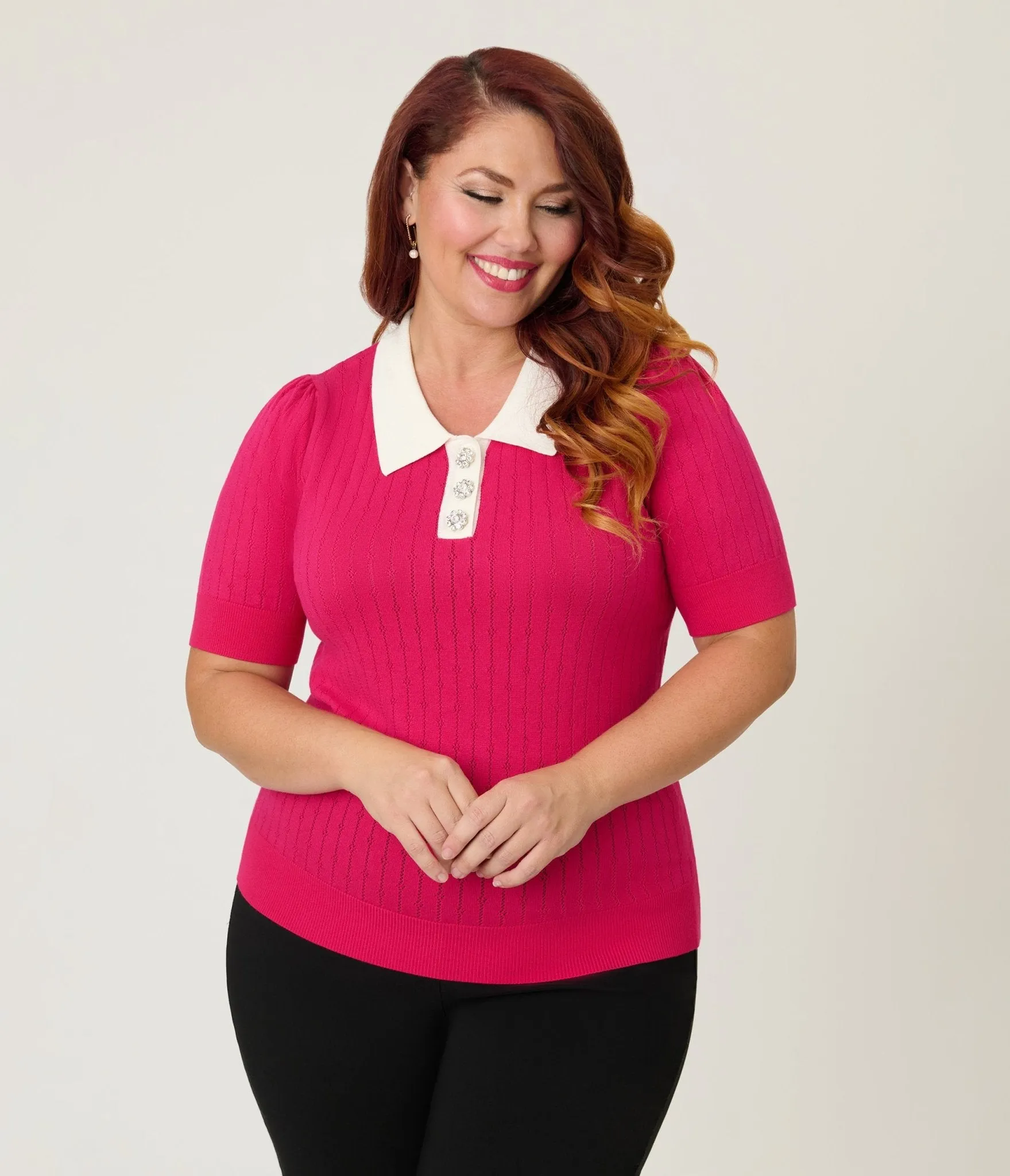Unique Vintage Plus Size Hot Pink & Rhinestone Buttons Prim & Pretty Sweater sold by Unique Vintage product image thumbnail 3
