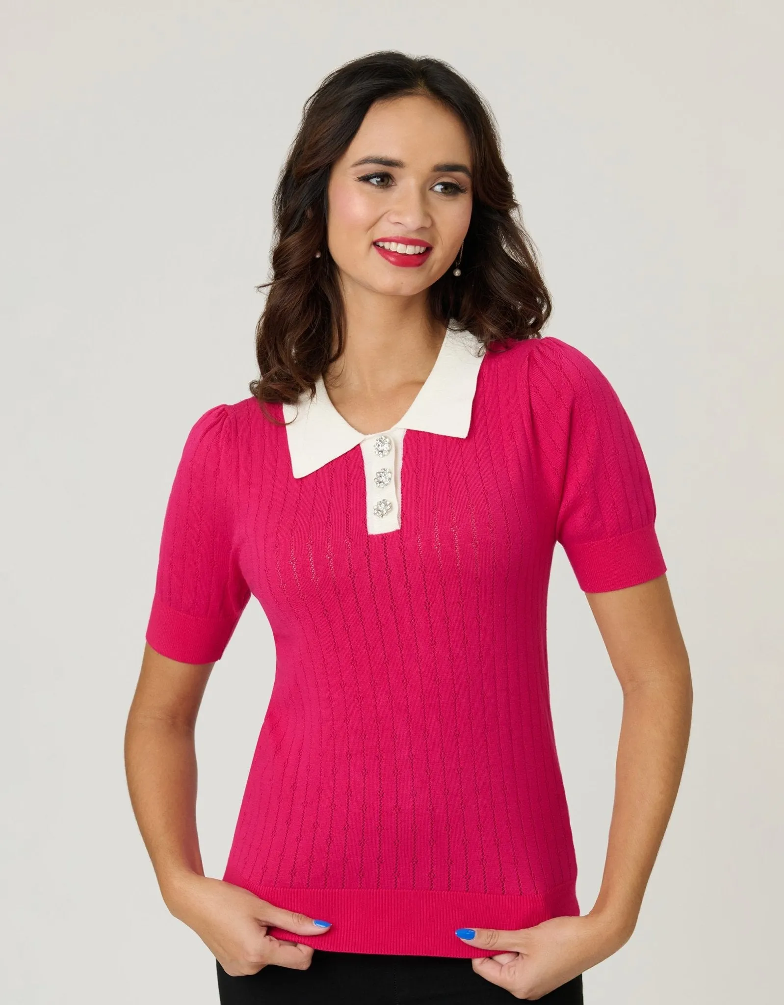 Unique Vintage Hot Pink & Rhinestone Buttons Prim & Pretty Sweater sold by Unique Vintage product image thumbnail 3