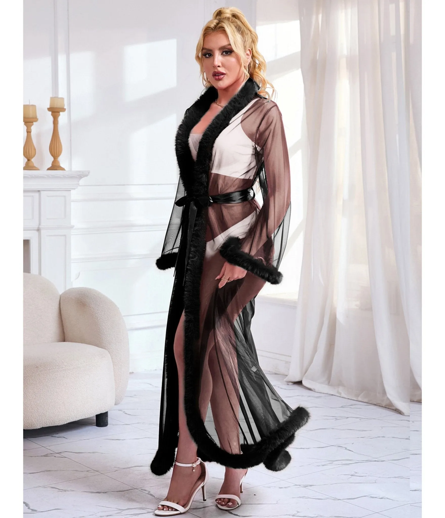 Sheer Black Fur Trim Long Robe sold by Unique Vintage product image thumbnail 3