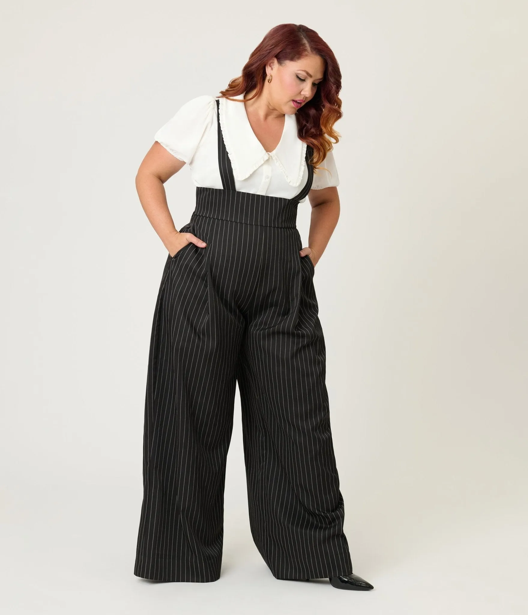 Unique Vintage Plus Size Black Pinstripe Rochelle Suspender Pants sold by Unique Vintage