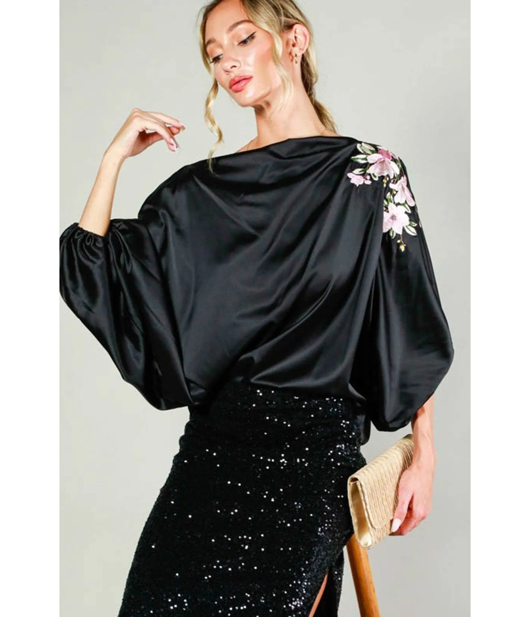 Black Floral Sleeve Satin Blouse sold by Unique Vintage product image thumbnail 3