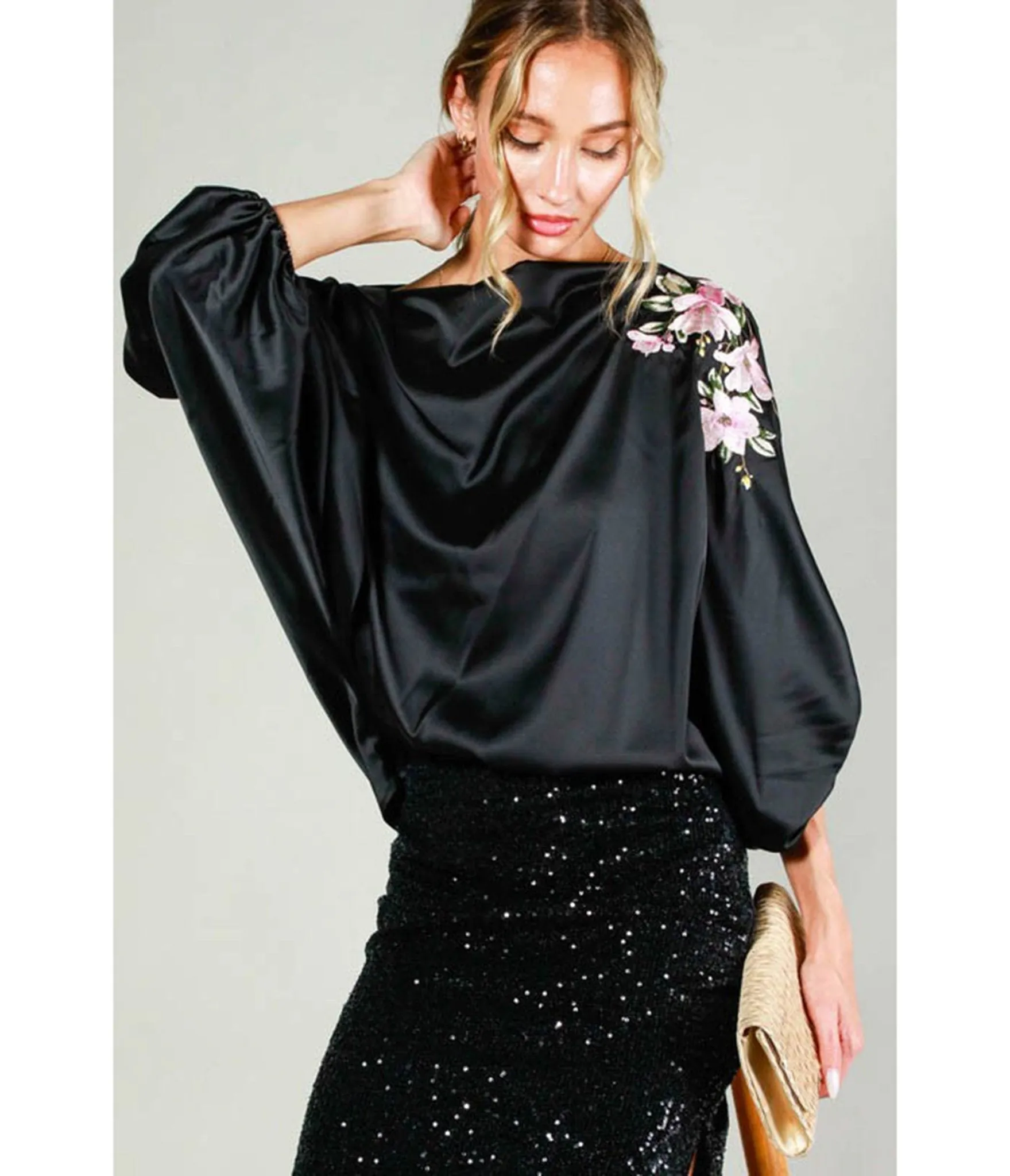 Black Floral Sleeve Satin Blouse sold by Unique Vintage product image thumbnail 4