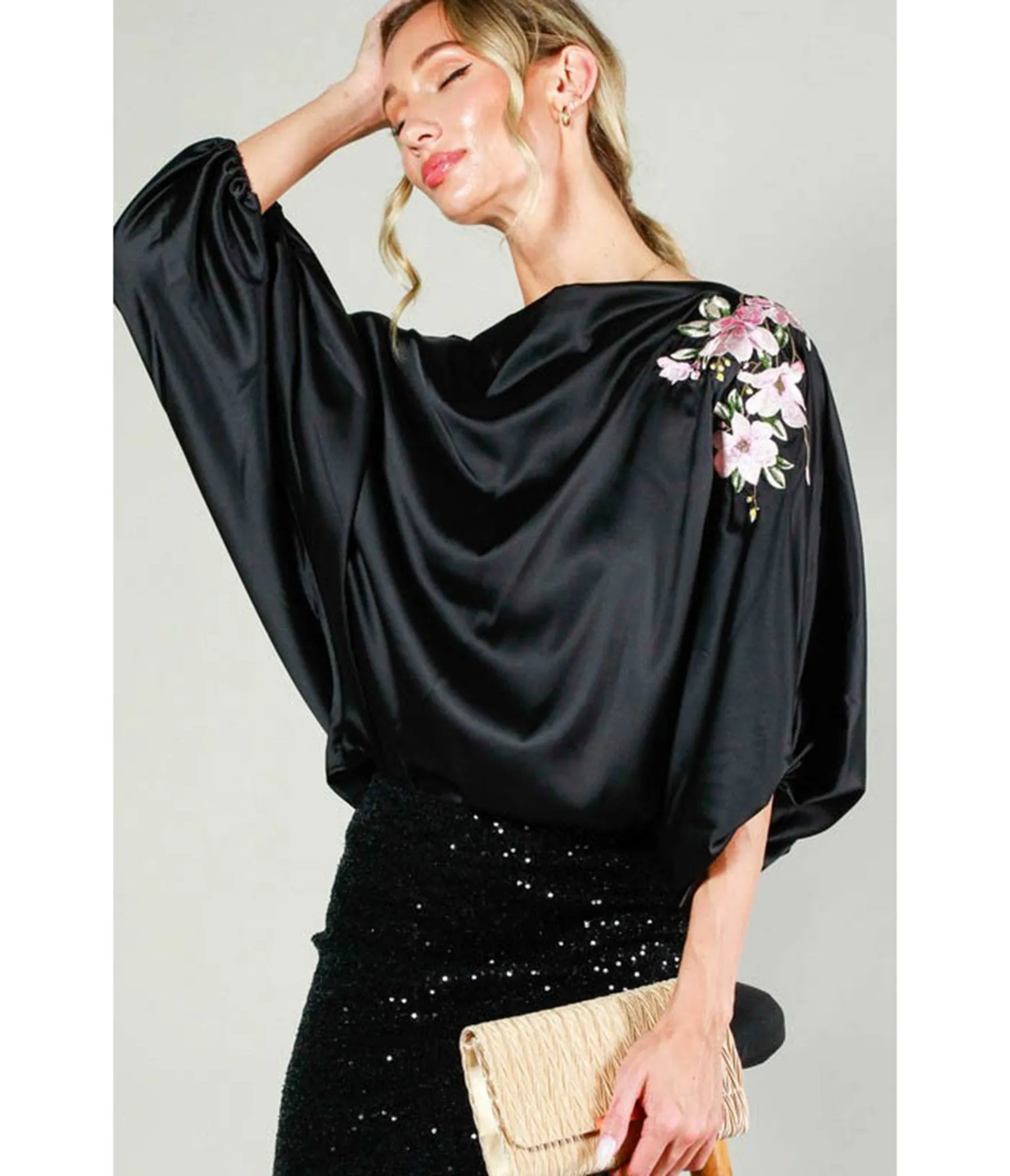 Black Floral Sleeve Satin Blouse sold by Unique Vintage