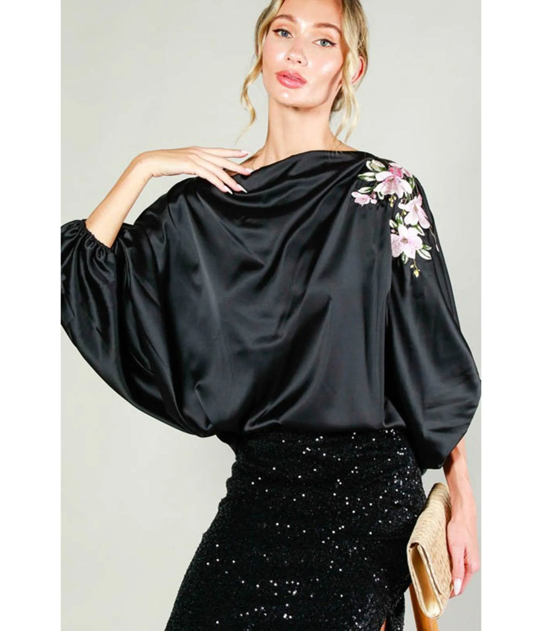 Black Floral Sleeve Satin Blouse sold by Unique Vintage product image thumbnail 5