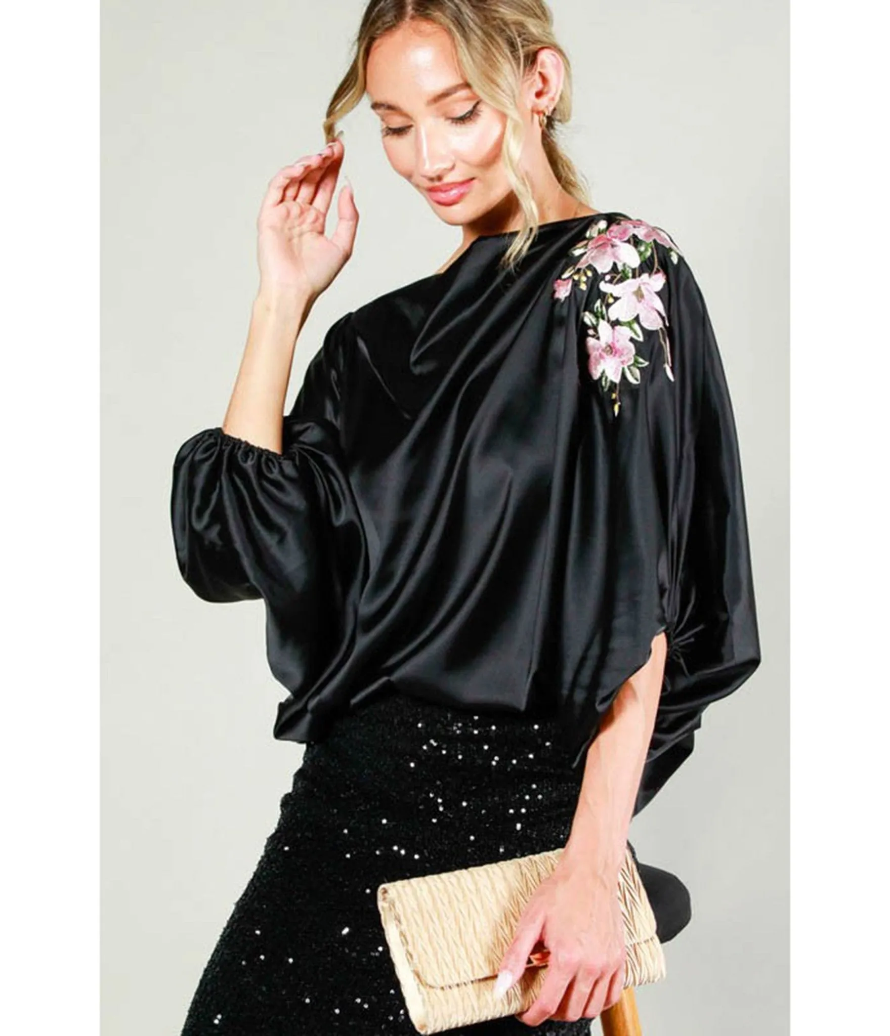 Black Floral Sleeve Satin Blouse sold by Unique Vintage product image thumbnail 2