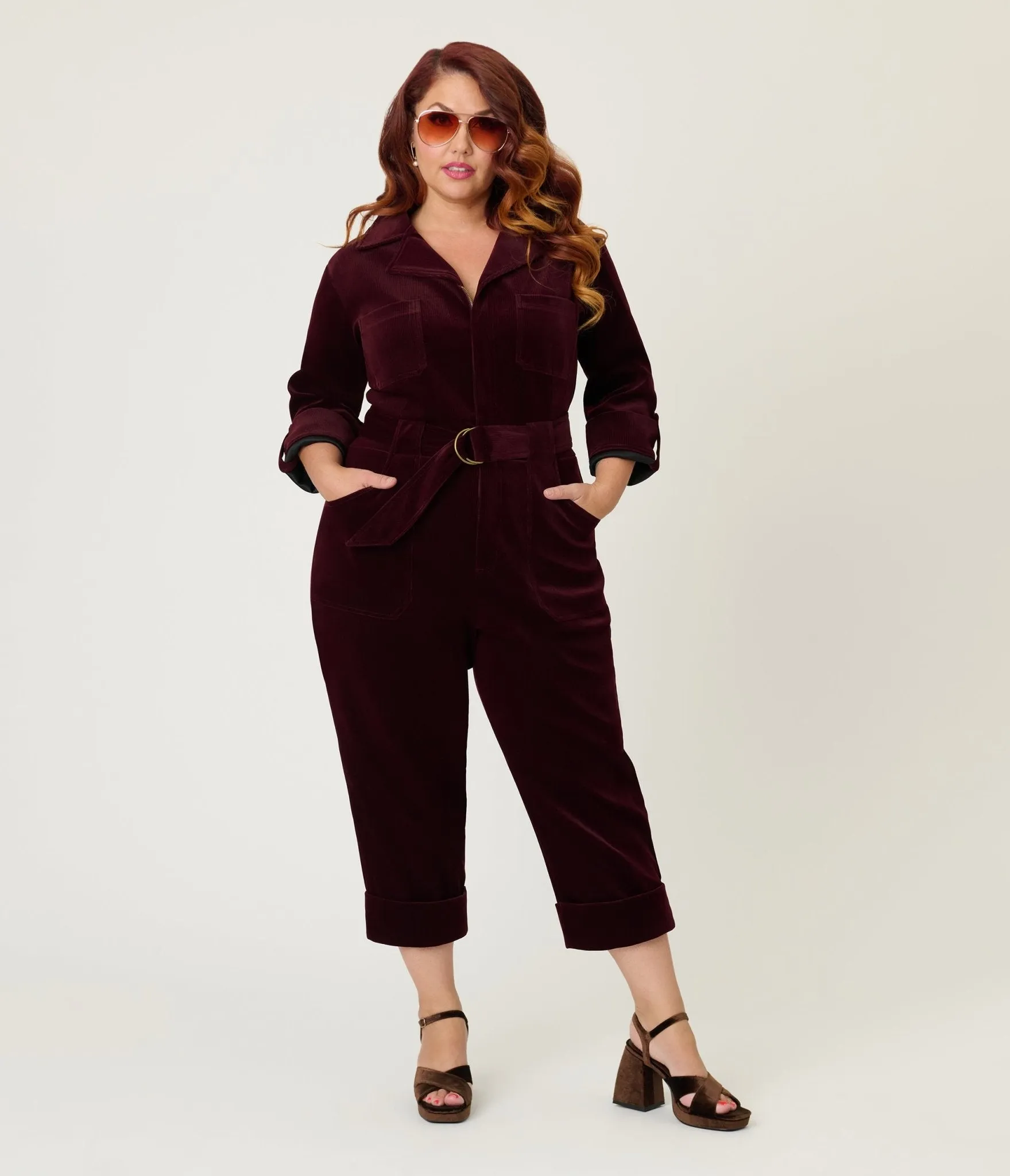 Unique Vintage Plus Size Burgundy Corduroy Trixie Jumpsuit sold by Unique Vintage