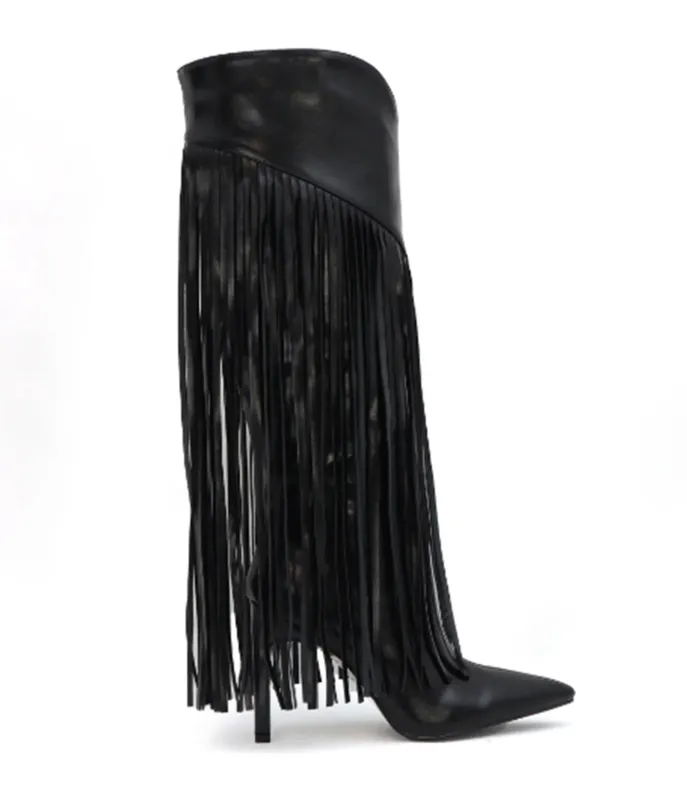 Black Leatherette Fringe Knee High Boots sold by Unique Vintage