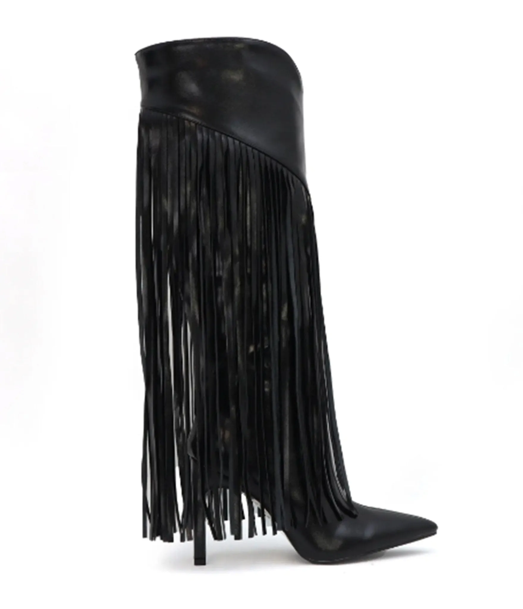 Black Leatherette Fringe Knee High Boots sold by Unique Vintage