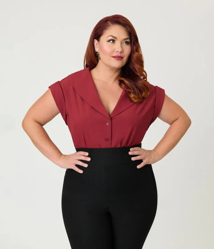 Unique Vintage Plus Size Burgundy Twill Sleeveless Blouse sold by Unique Vintage