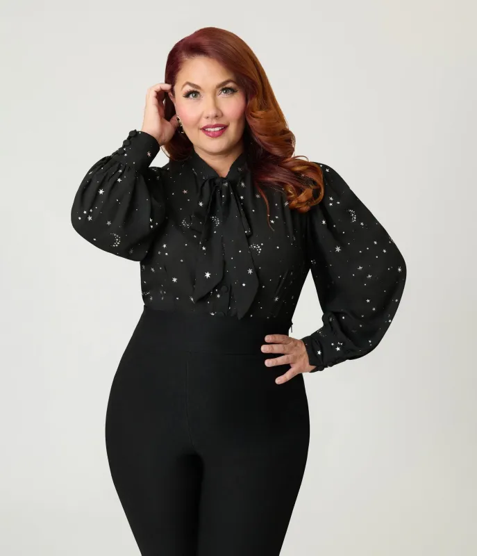 Unique Vintage Plus Size Black Moon & Star Silver Foil Print Gwen Blouse sold by Unique Vintage
