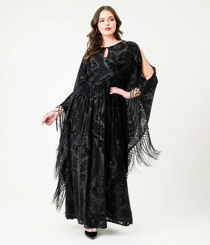 Unique Vintage Black Floral Burnout Fringe Flutter Sleeve Caftan sold by Unique Vintage