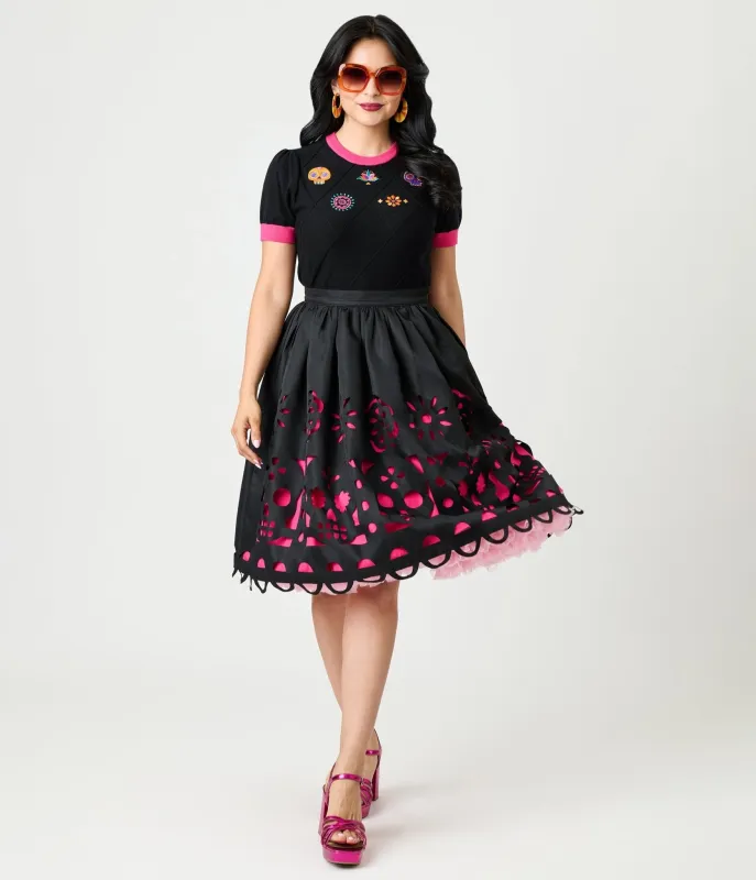 Unique Vintage Black & Pink Day of the Dead Skull Cutout Swing Skirt sold by Unique Vintage