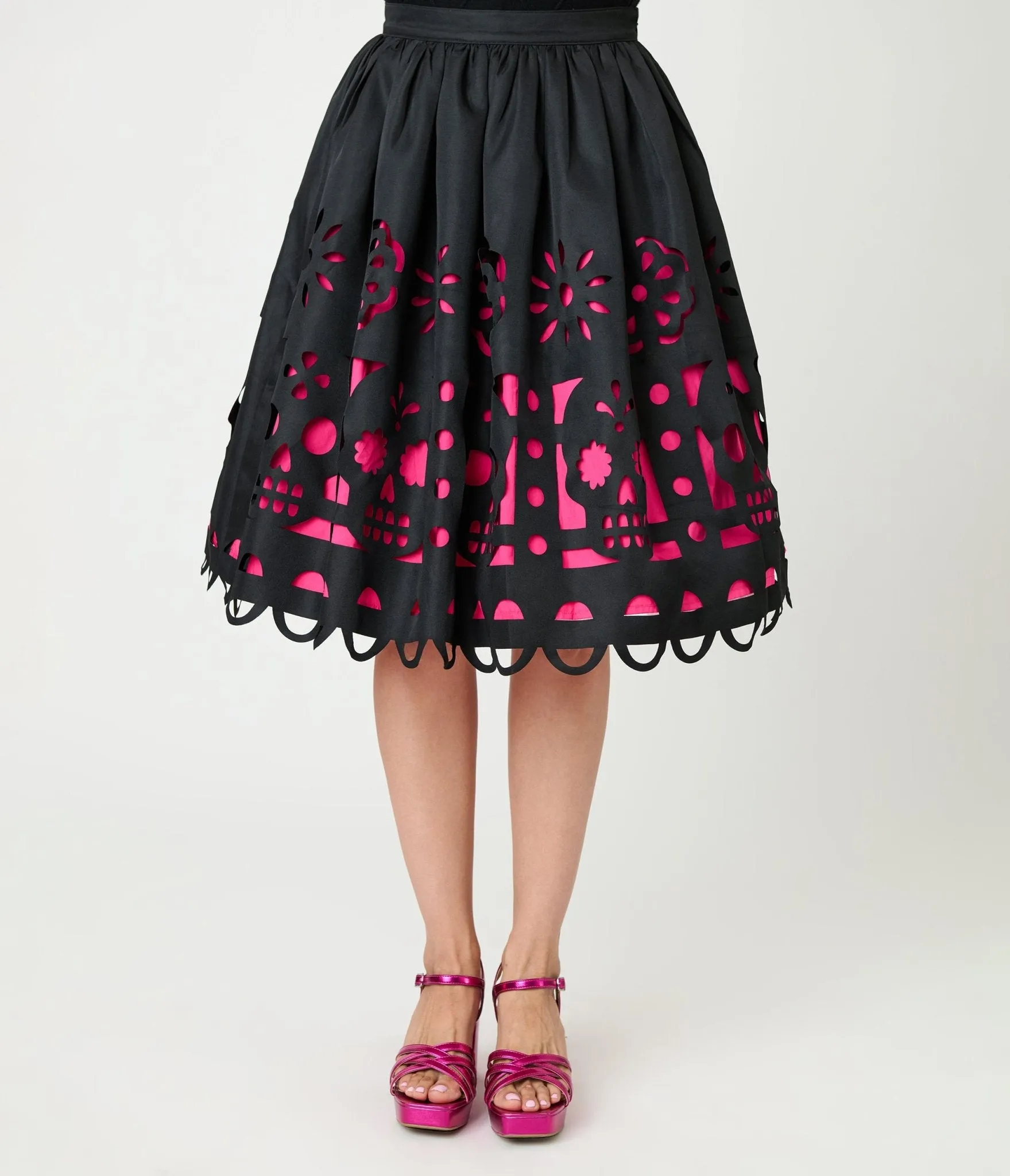 Unique Vintage Black & Pink Day of the Dead Skull Cutout Swing Skirt sold by Unique Vintage product image thumbnail 2