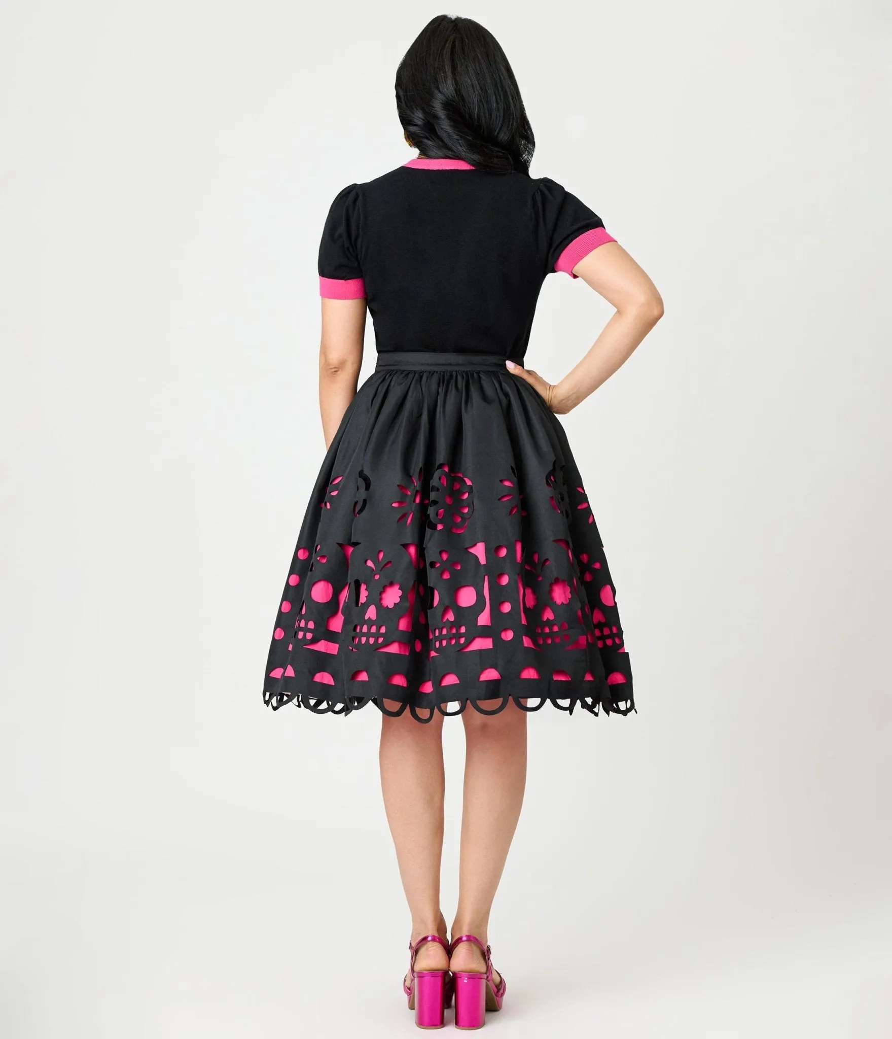 Unique Vintage Black & Pink Day of the Dead Skull Cutout Swing Skirt sold by Unique Vintage product image thumbnail 3