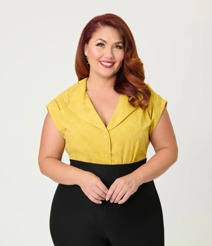 Unique Vintage Plus Size Mustard Jacquard Sleeveless Blouse sold by Unique Vintage
