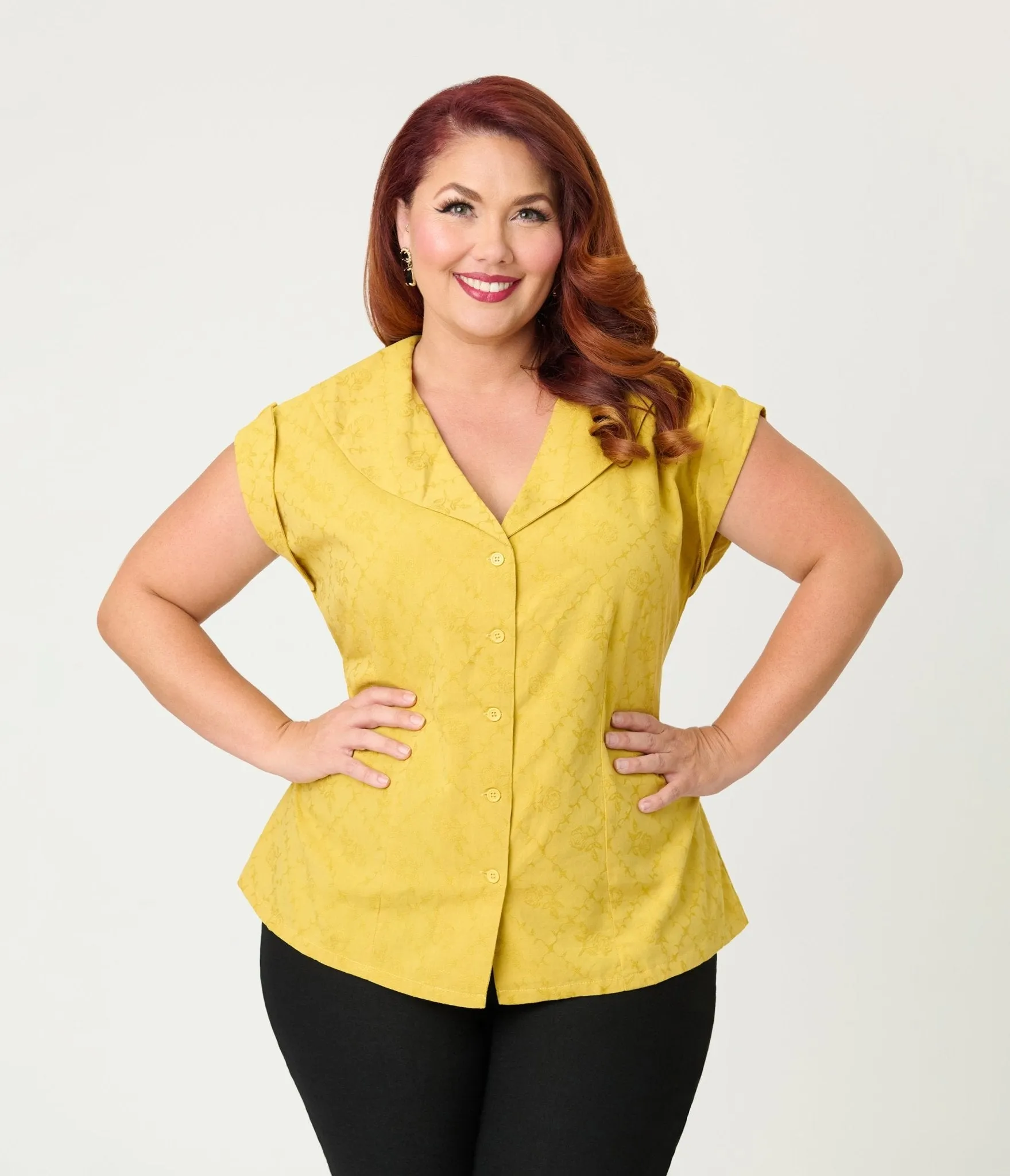 Unique Vintage Plus Size Mustard Jacquard Sleeveless Blouse sold by Unique Vintage product image thumbnail 3