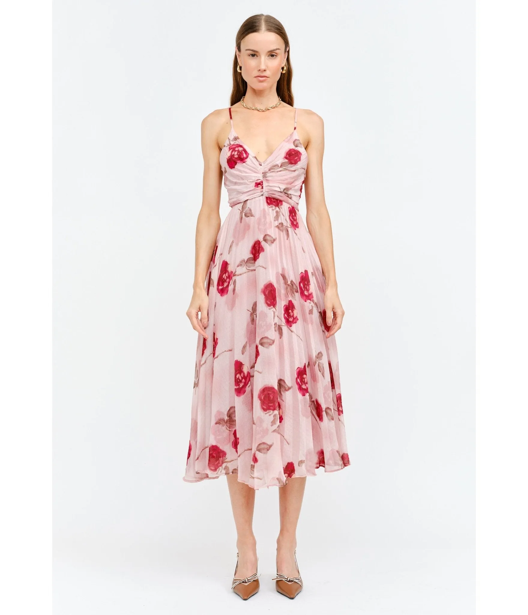 Pink Floral Printed Pleated Midi Dress sold by Unique Vintage
