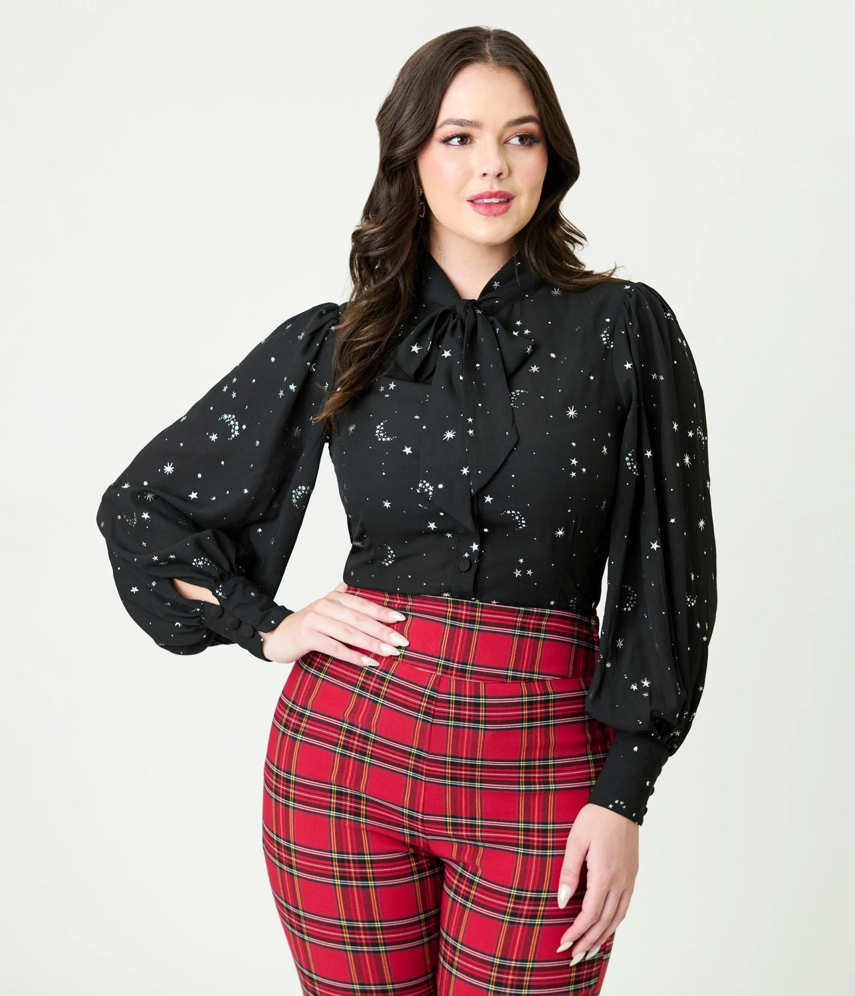 Unique Vintage Black Moon & Star Silver Foil Print Gwen Blouse sold by Unique Vintage