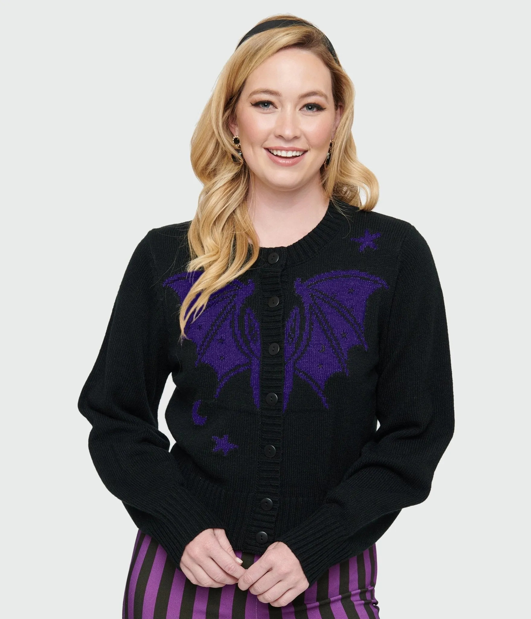 Unique Vintage Black & Purple Bat Cropped Cardigan sold by Unique Vintage