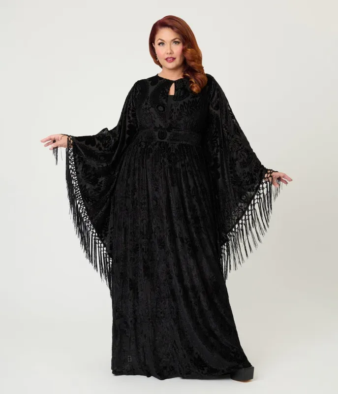 Unique Vintage Plus Size Black Floral Burnout Fringe Flutter Sleeve Caftan sold by Unique Vintage