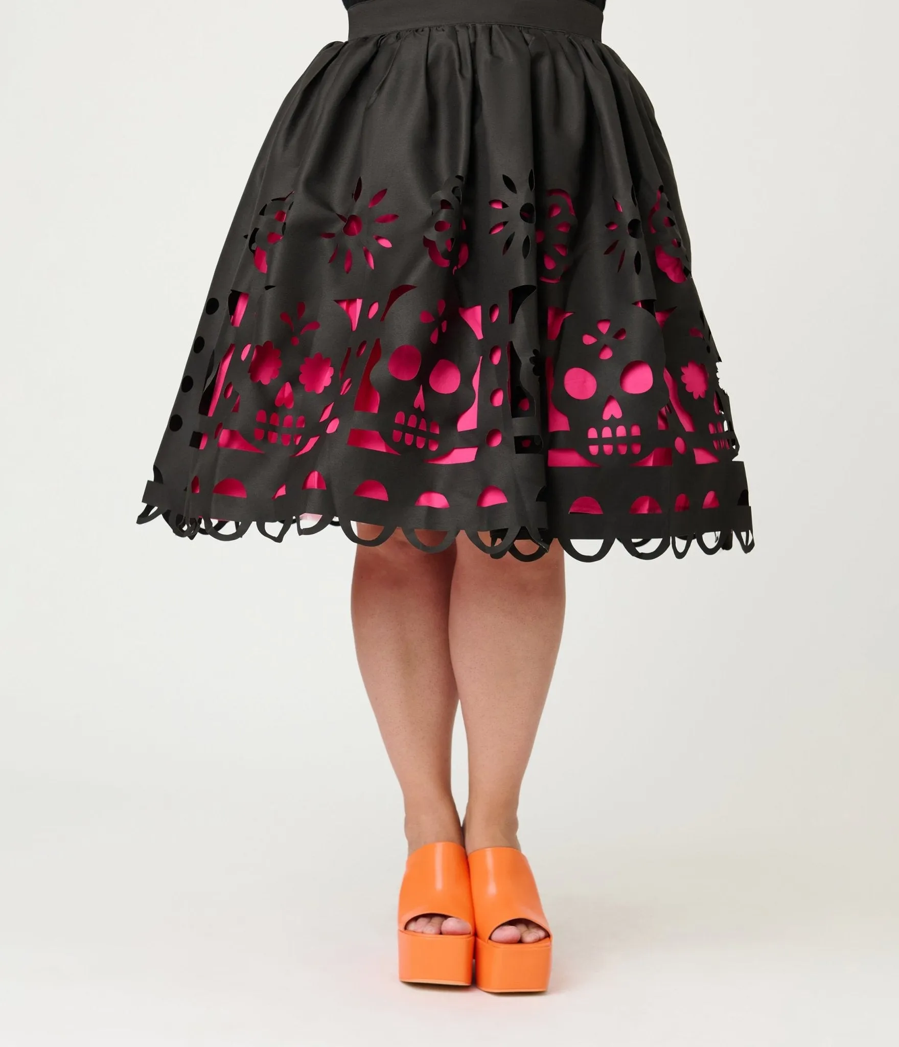 Unique Vintage Plus Size Black & Pink Day of the Dead Skull Cutout Swing Skirt sold by Unique Vintage product image thumbnail 2