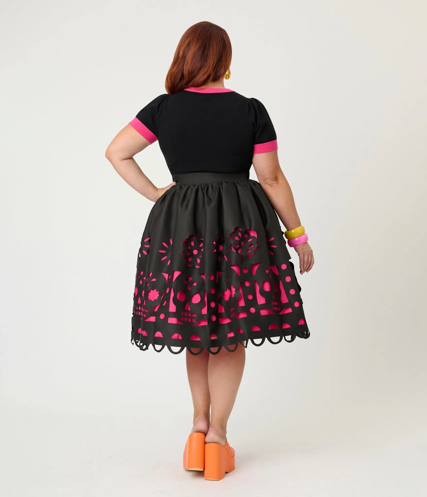Unique Vintage Plus Size Black & Pink Day of the Dead Skull Cutout Swing Skirt sold by Unique Vintage product image thumbnail 3