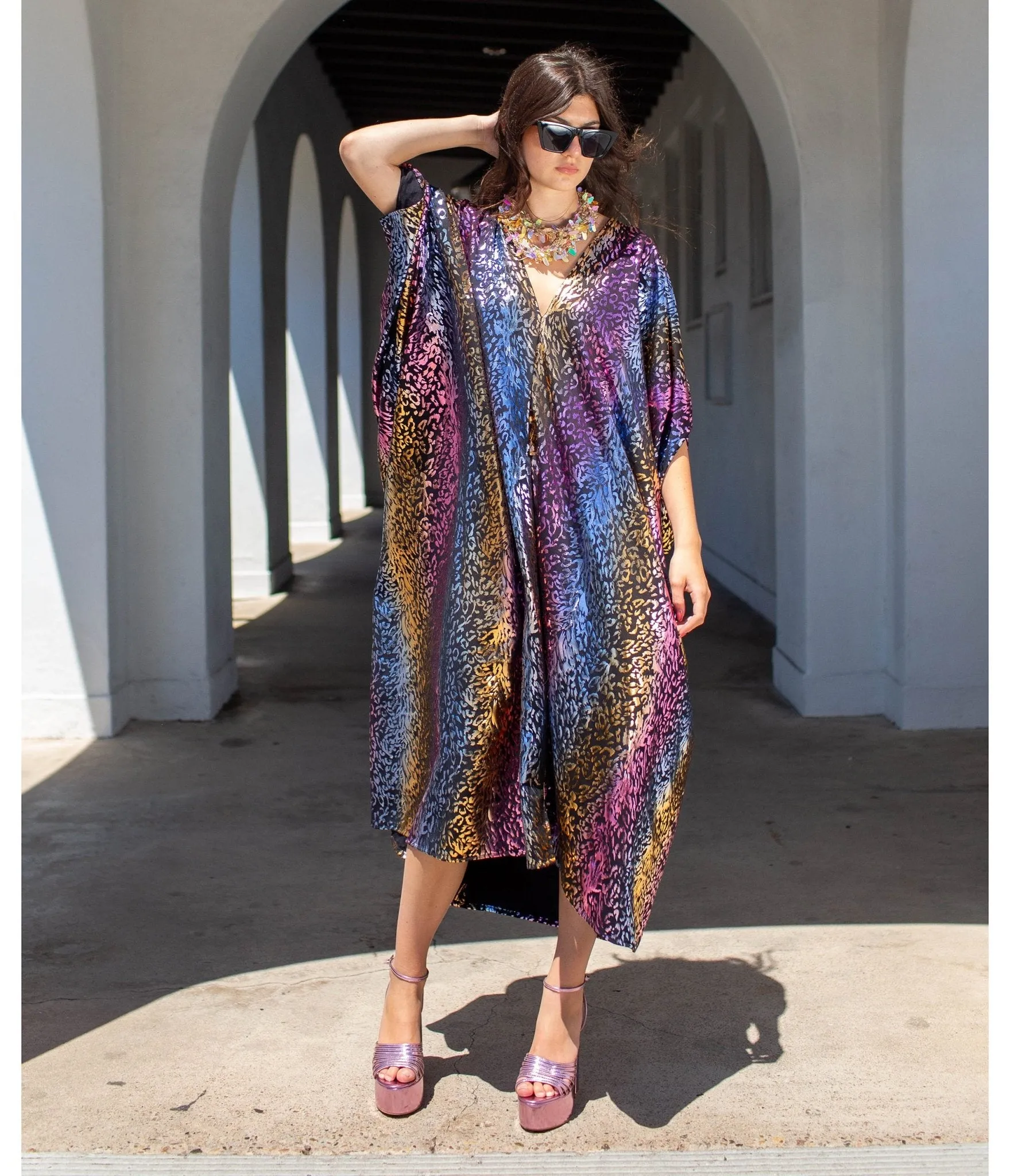 Jennafer Grace Rainbow Leopard Sequin Lucienne Caftan sold by Unique Vintage