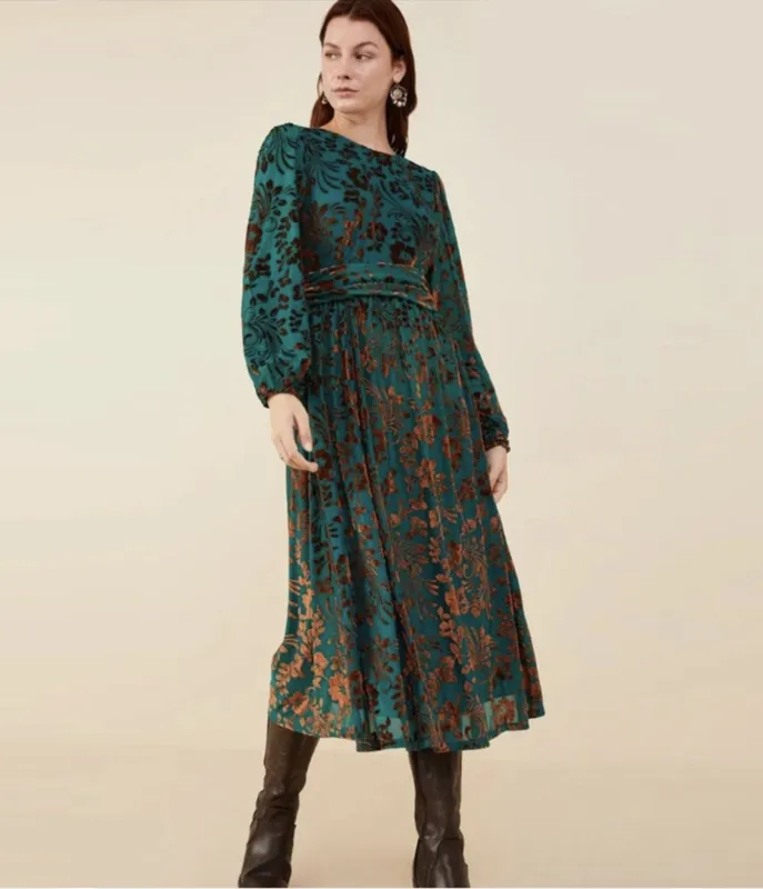 Teal Floral Velvet Burnout Midi Dress sold by Unique Vintage