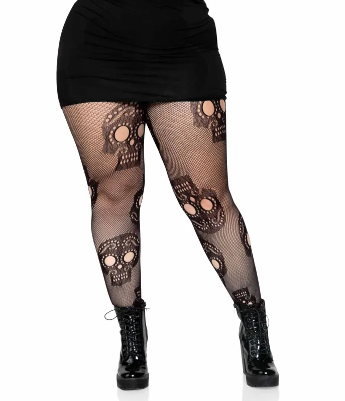 Plus Size Black Sugar Skull Fishnet Pantyhose made by Unique Vintage