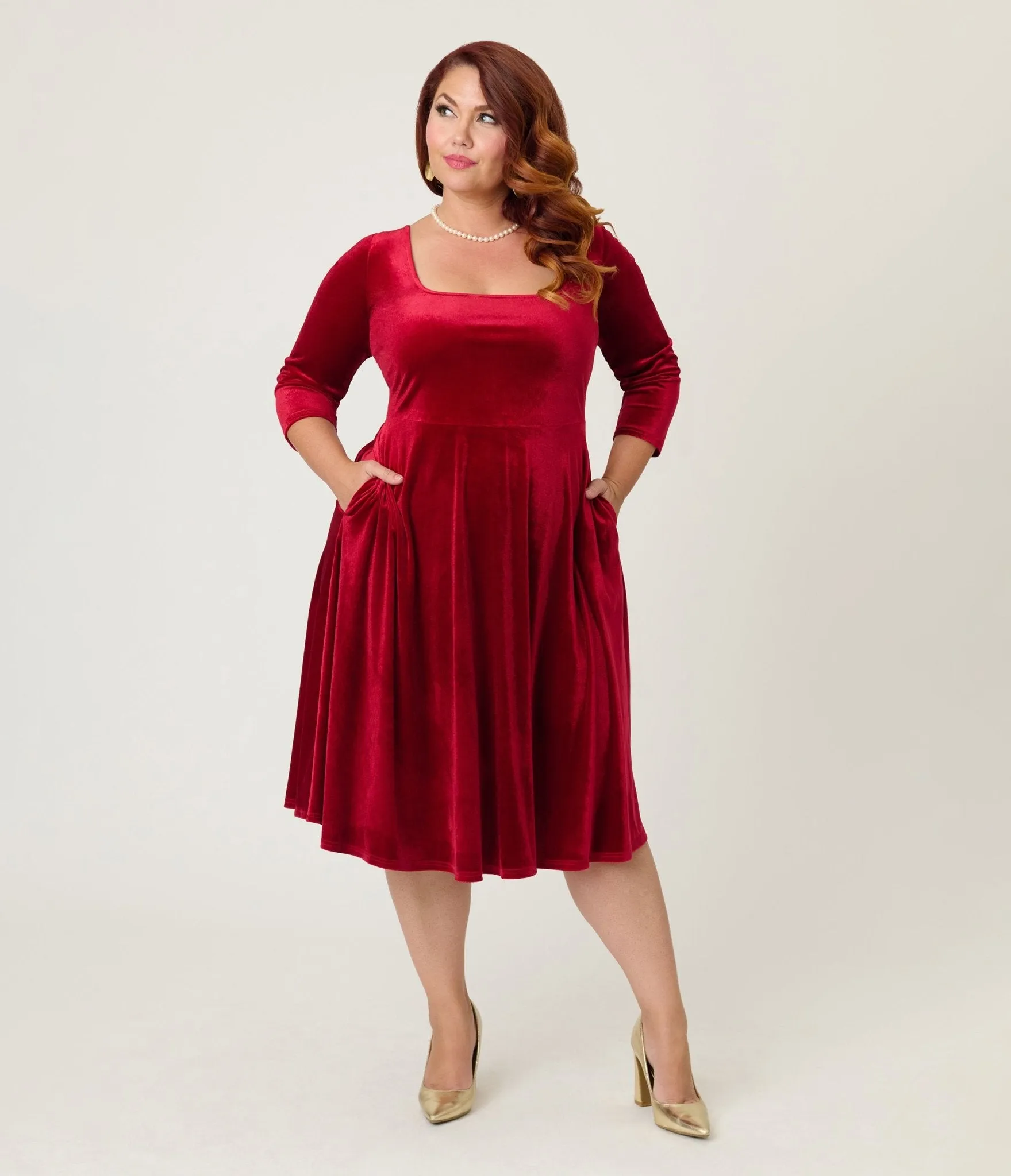 Unique Vintage Plus Size Red Velvet Square Neck Swing Dress sold by Unique Vintage product image thumbnail 3