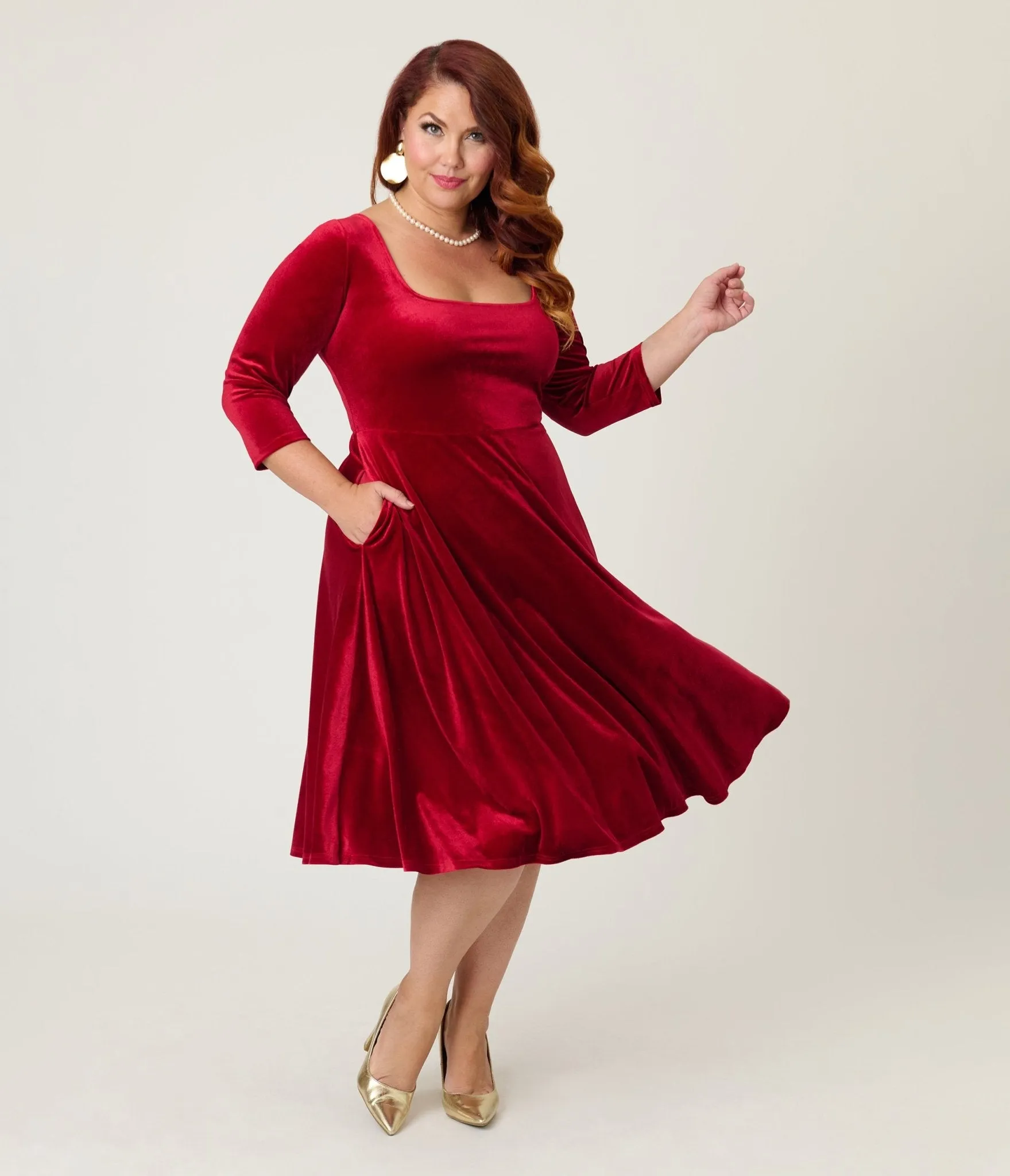Unique Vintage Plus Size Red Velvet Square Neck Swing Dress sold by Unique Vintage