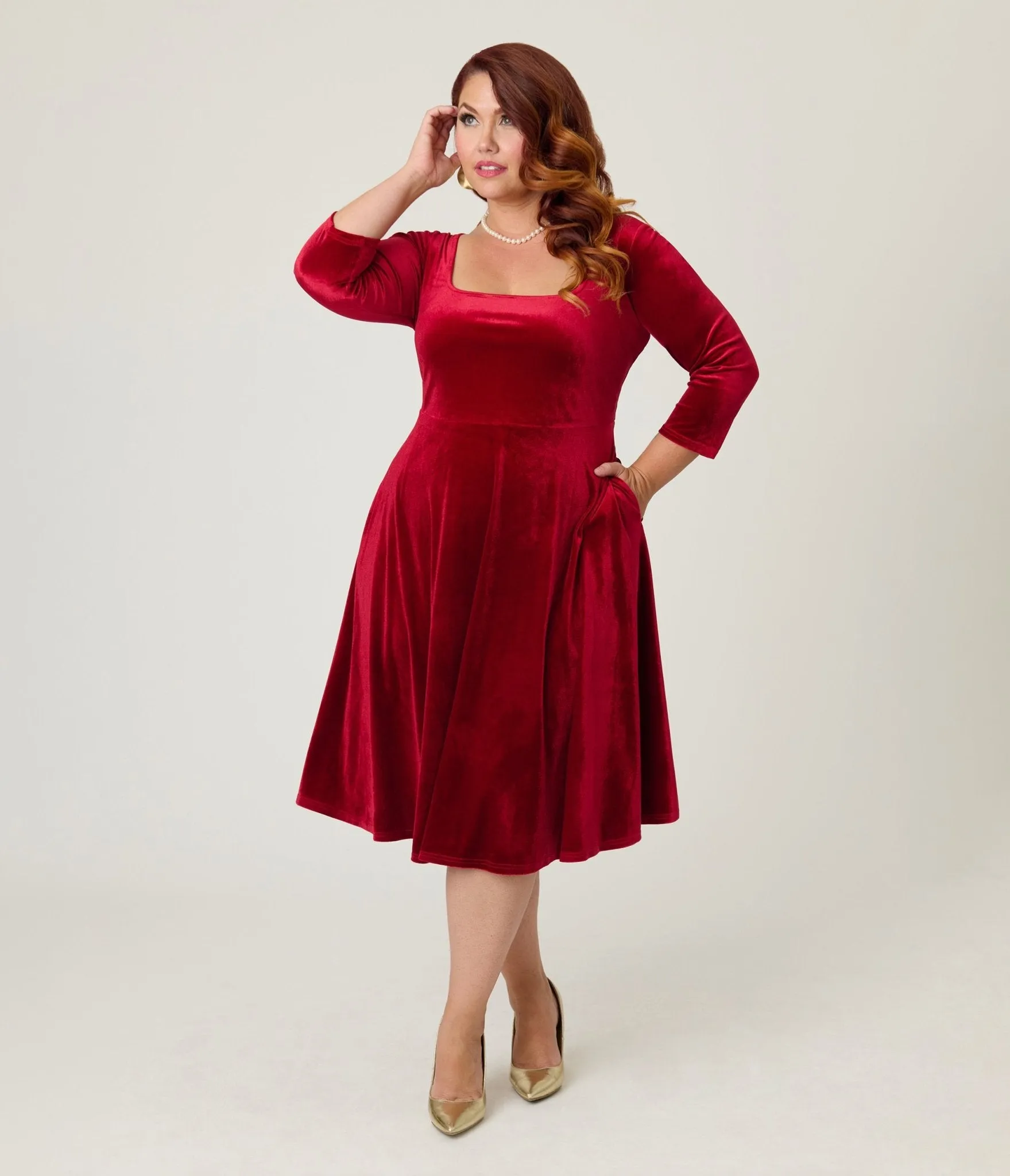 Unique Vintage Plus Size Red Velvet Square Neck Swing Dress sold by Unique Vintage product image thumbnail 4