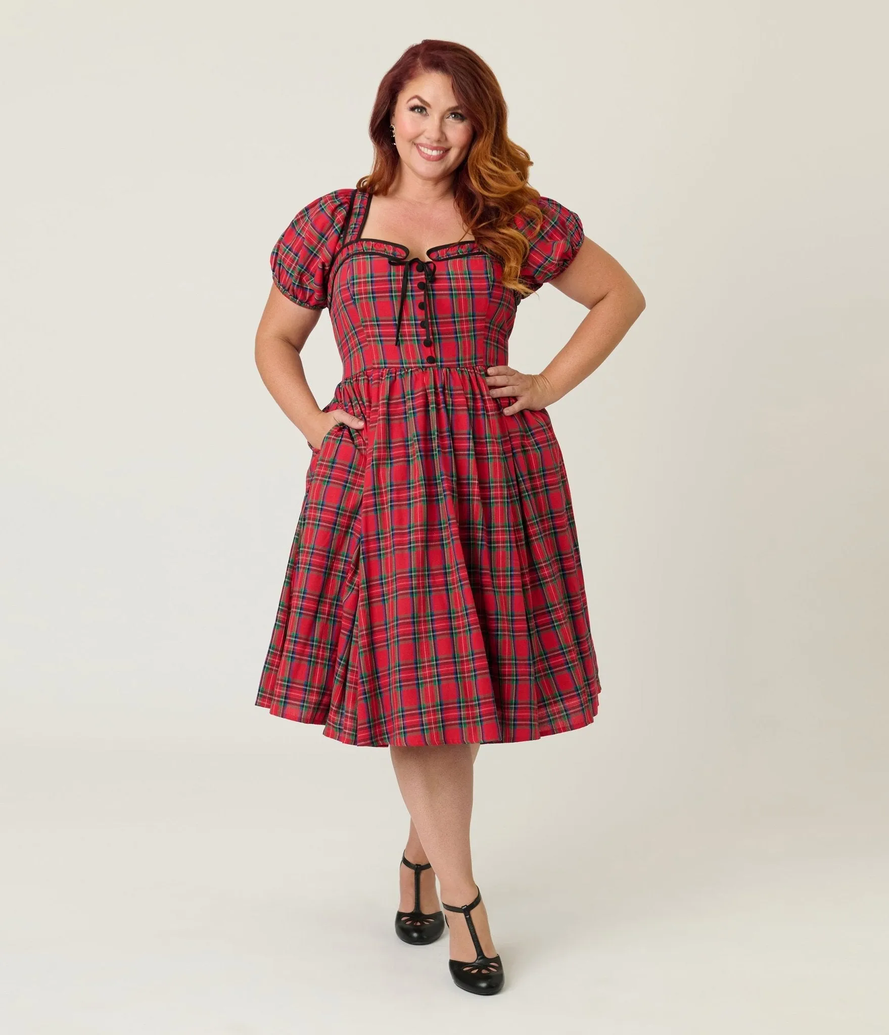 Unique Vintage Plus Size Red Plaid Button Front Swing Dress sold by Unique Vintage