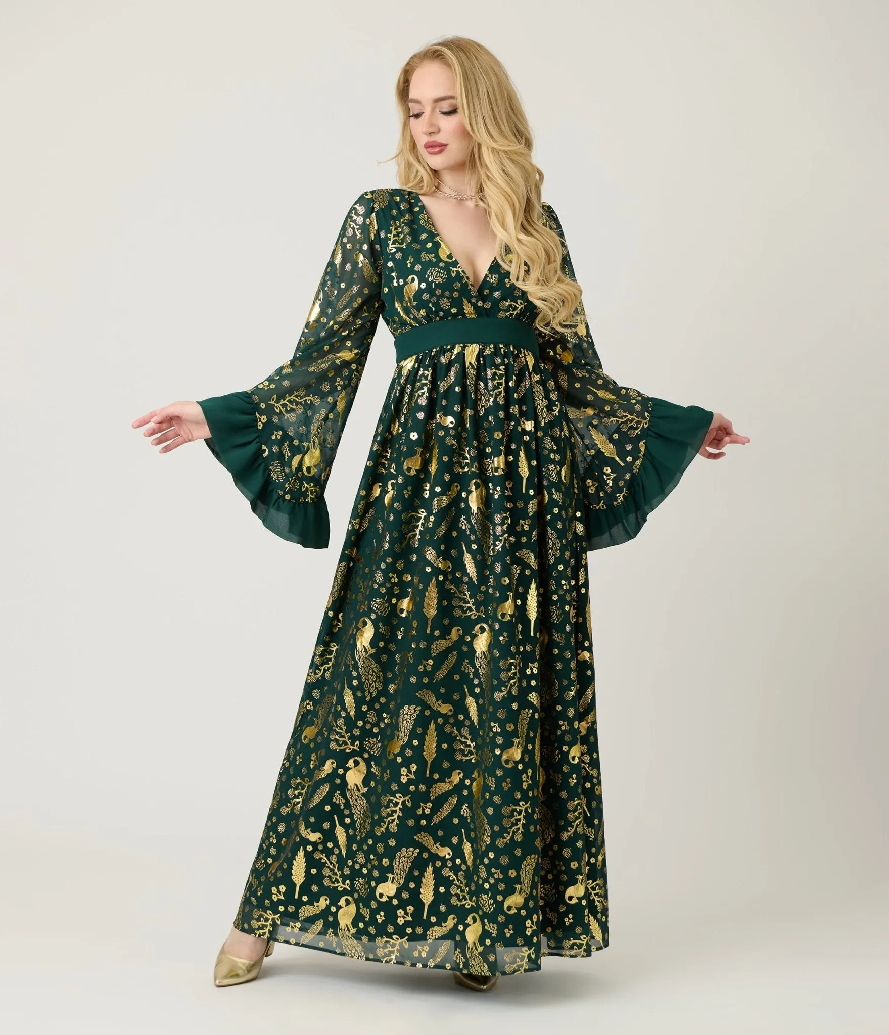 Unique Vintage Green & Gold Foil Peacock Print Maxi Dress sold by Unique Vintage