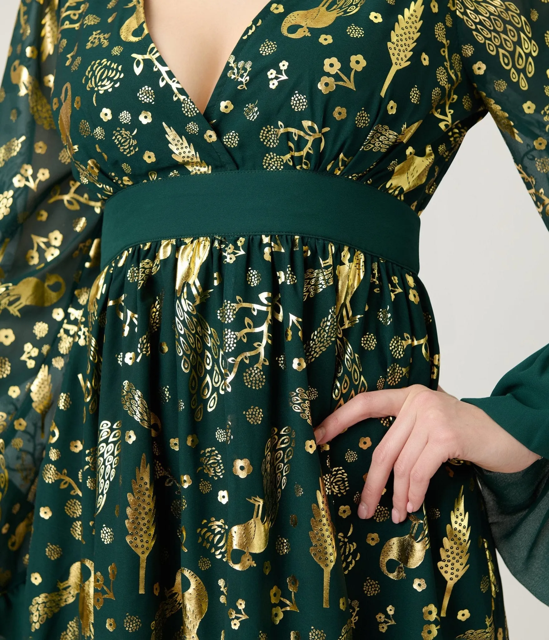 Unique Vintage Green & Gold Foil Peacock Print Maxi Dress sold by Unique Vintage product image thumbnail 5