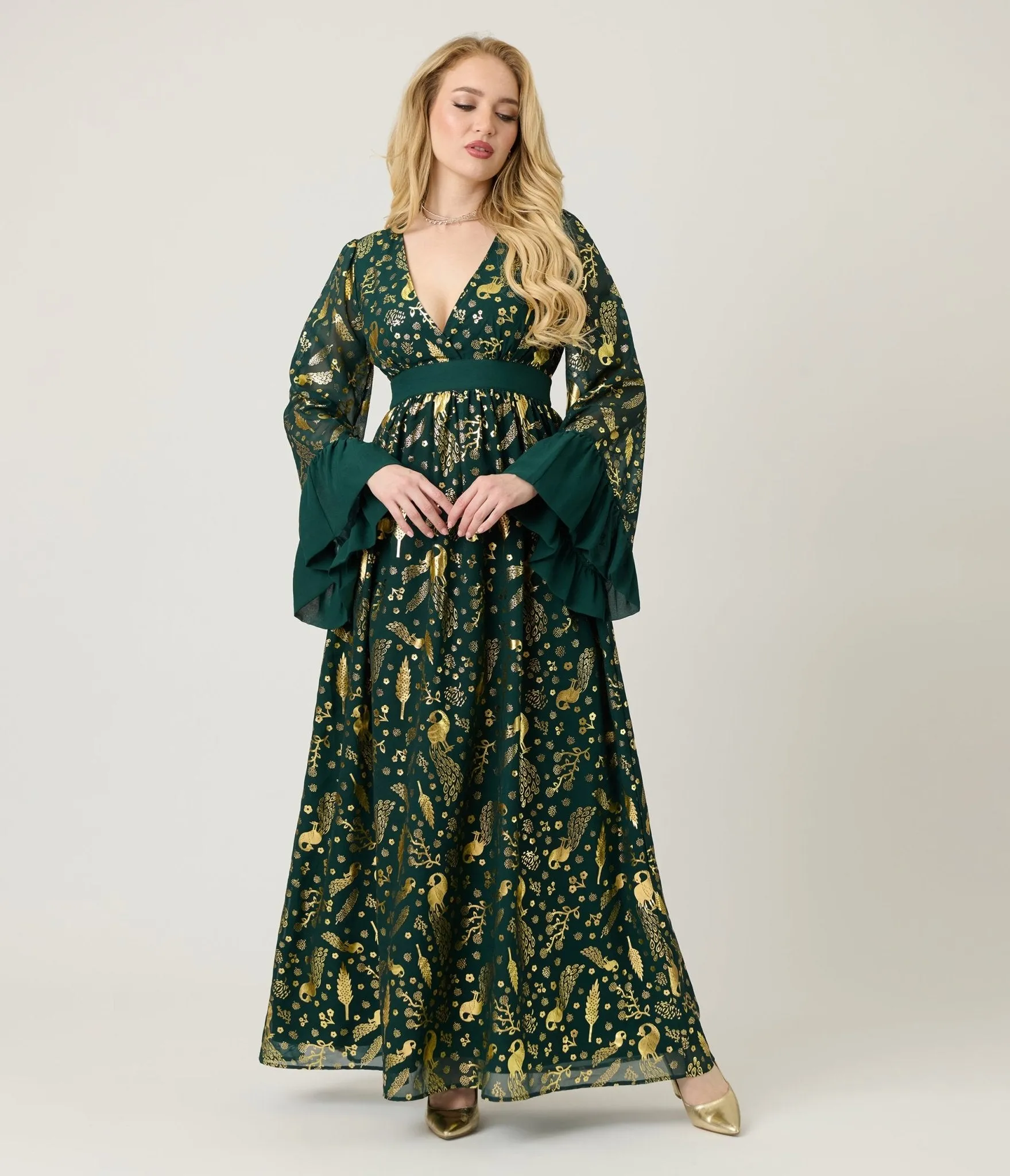 Unique Vintage Green & Gold Foil Peacock Print Maxi Dress sold by Unique Vintage product image thumbnail 4