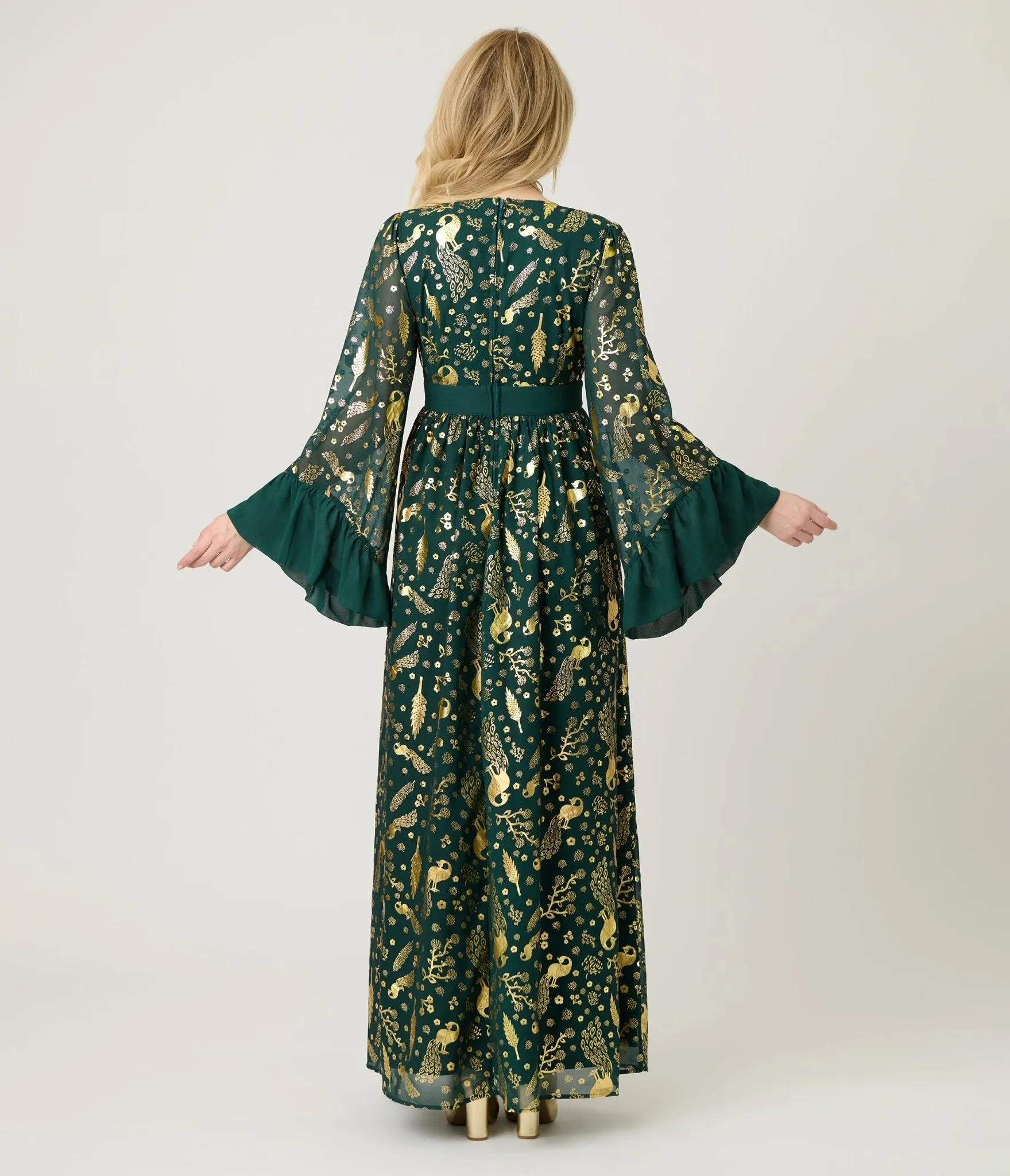 Unique Vintage Green & Gold Foil Peacock Print Maxi Dress sold by Unique Vintage product image thumbnail 2