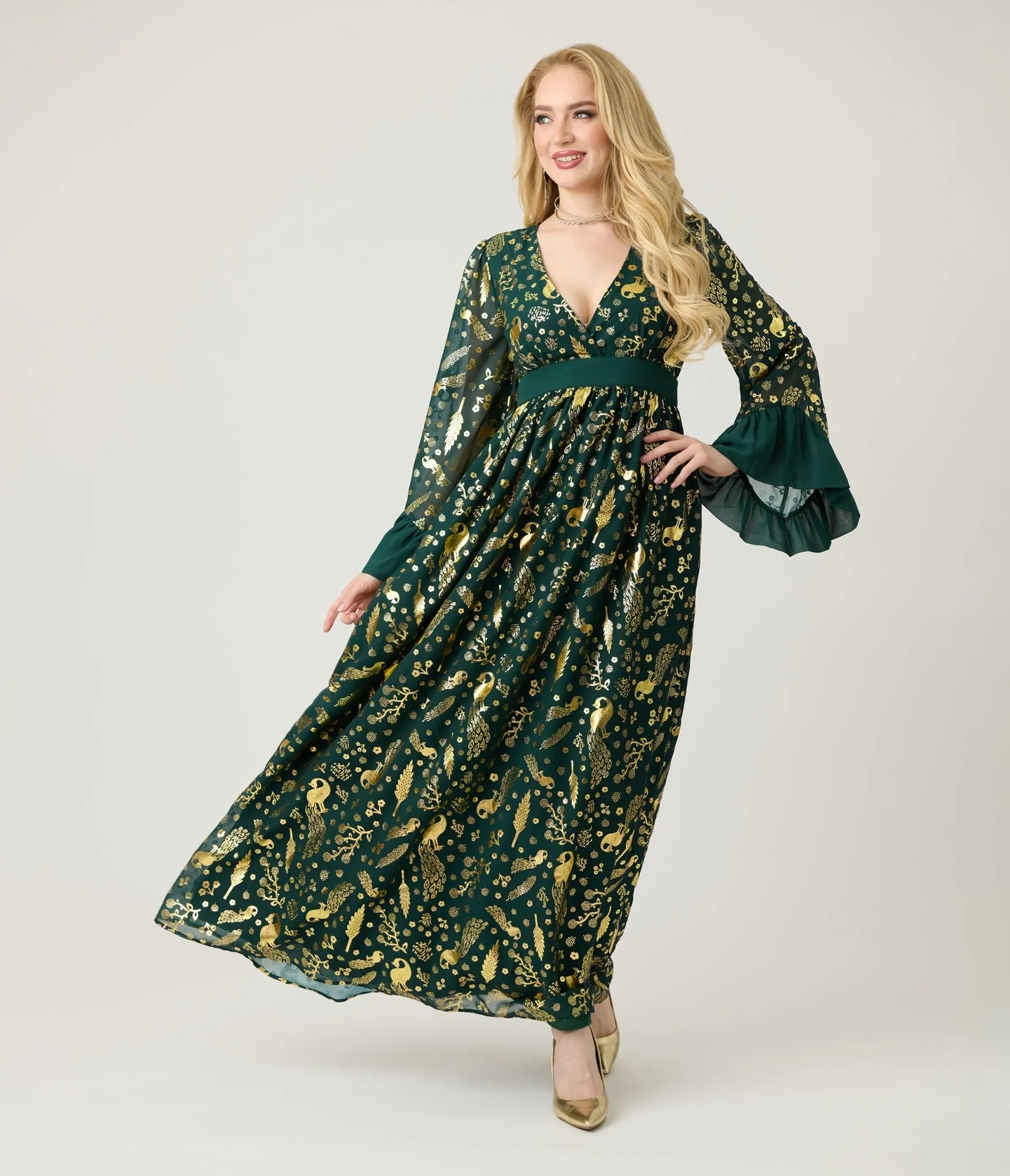 Unique Vintage Green & Gold Foil Peacock Print Maxi Dress sold by Unique Vintage product image thumbnail 3