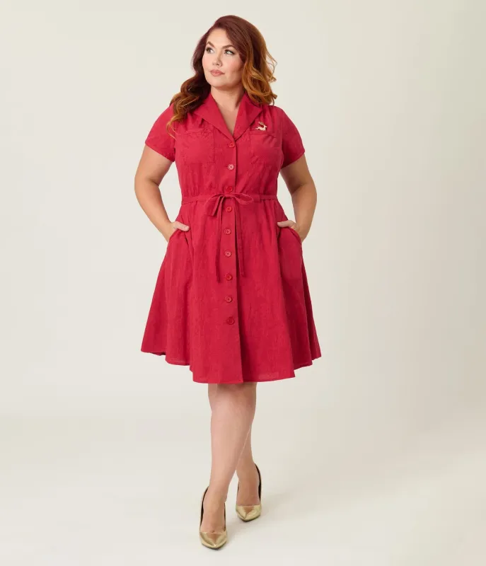 Smak Parlour Plus Size Burgundy Reindeer Cotton Fit & Flare Dress sold by Unique Vintage