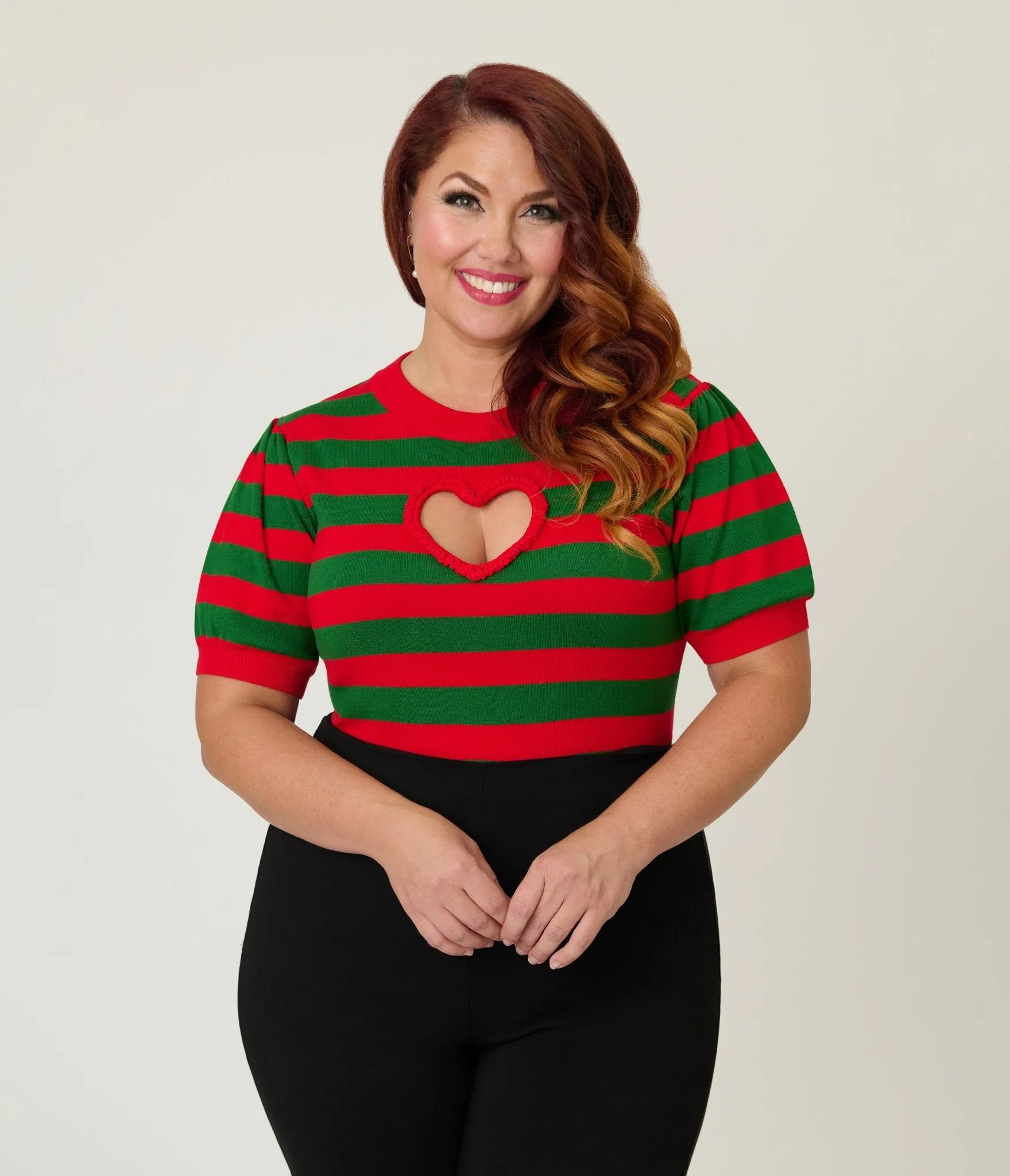 Smak Parlour Plus Size Green & Red Stripe Heart Sweater sold by Unique Vintage