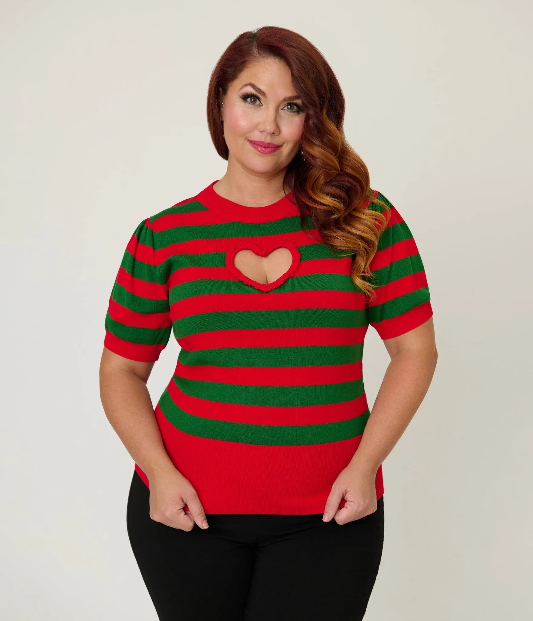 Smak Parlour Plus Size Green & Red Stripe Heart Sweater sold by Unique Vintage product image thumbnail 3