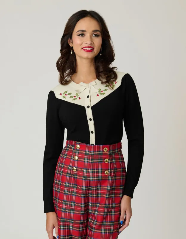 Smak Parlour Black & Ivory Holly Embroidered Cardigan sold by Unique Vintage