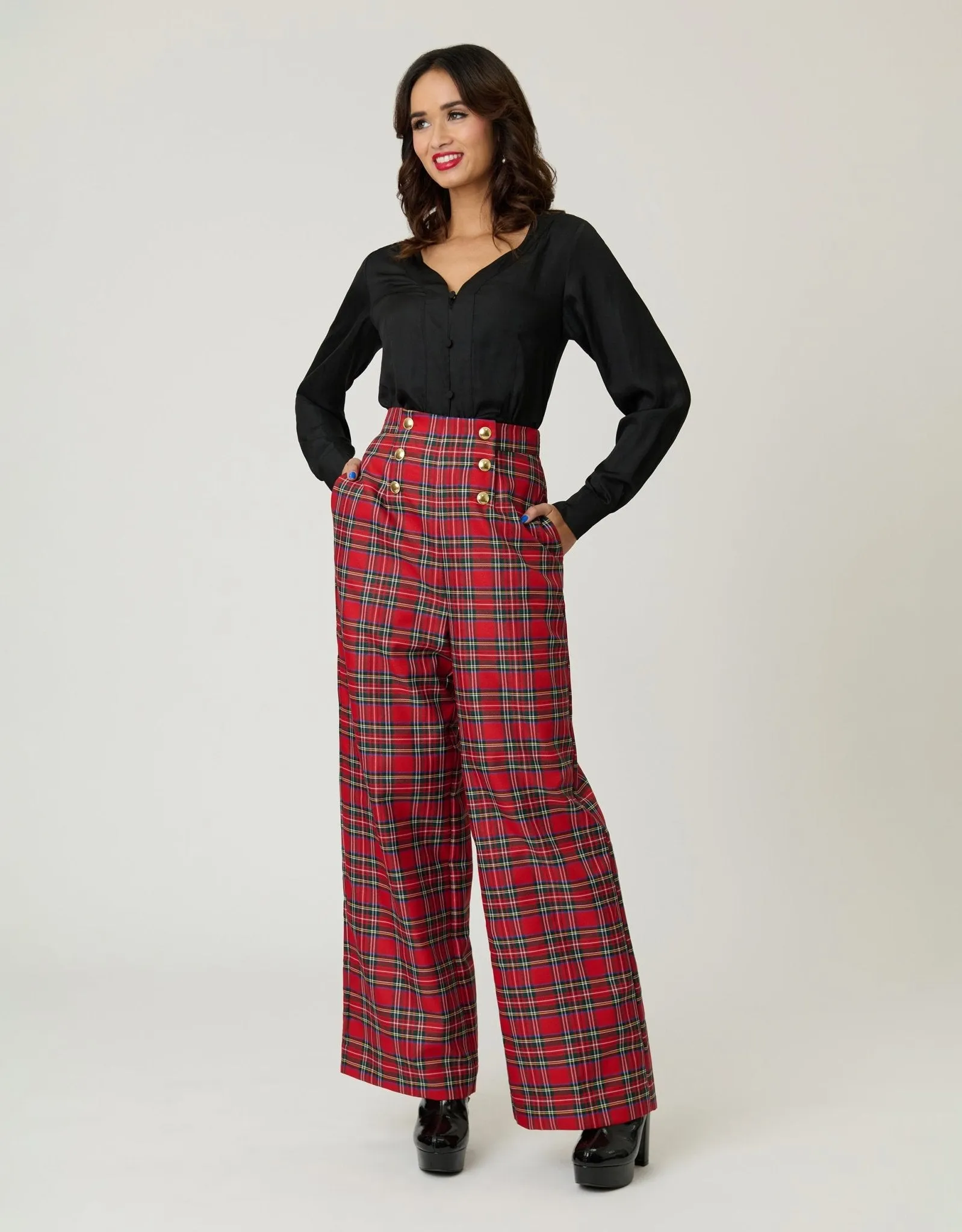 Smak Parlour Red Plaid Wide Leg Sailor Pants sold by Unique Vintage product image thumbnail 4