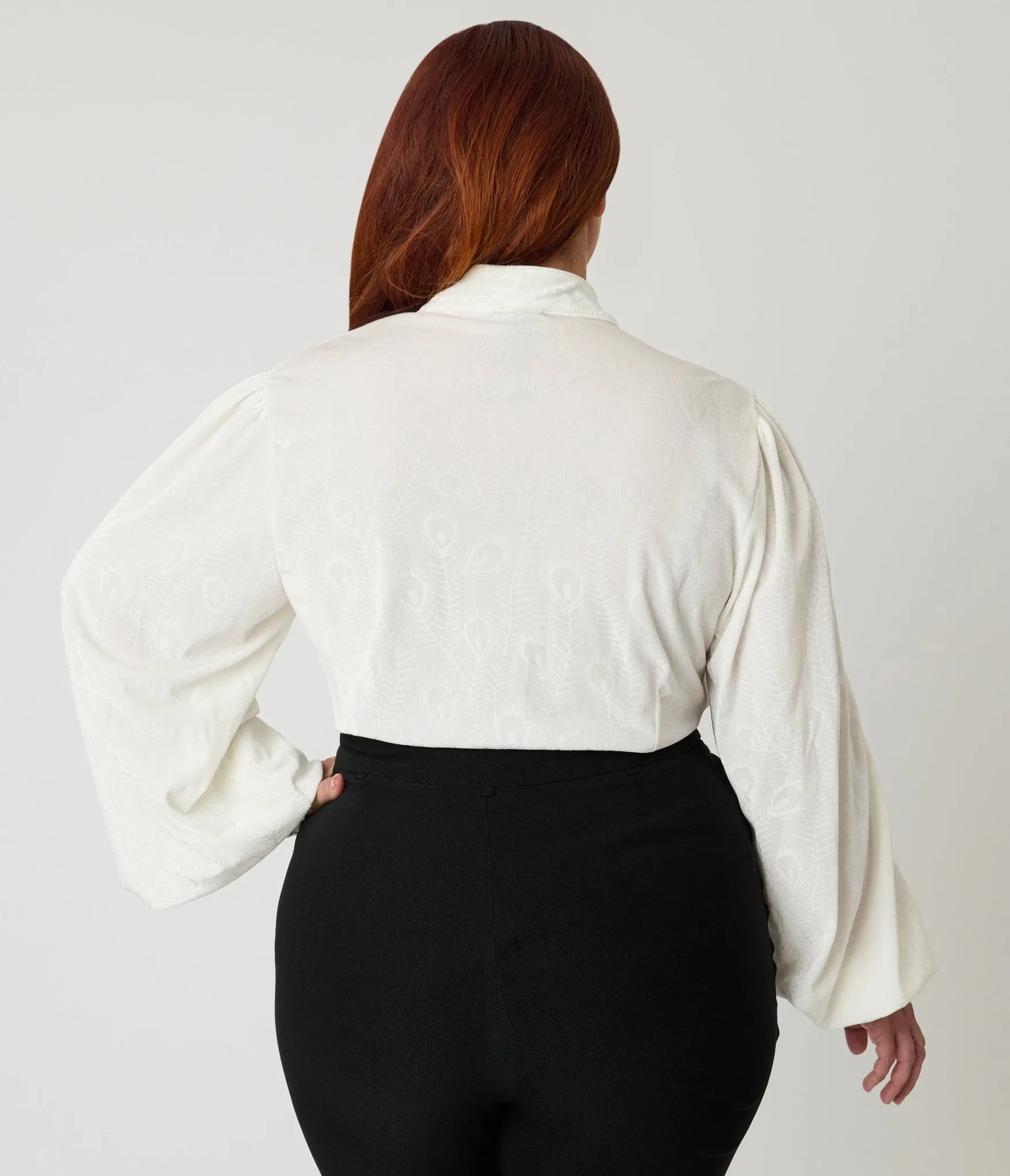 Unique Vintage Plus Size Ivory Peacock Feather Embossed Gwen Blouse sold by Unique Vintage product image thumbnail 2