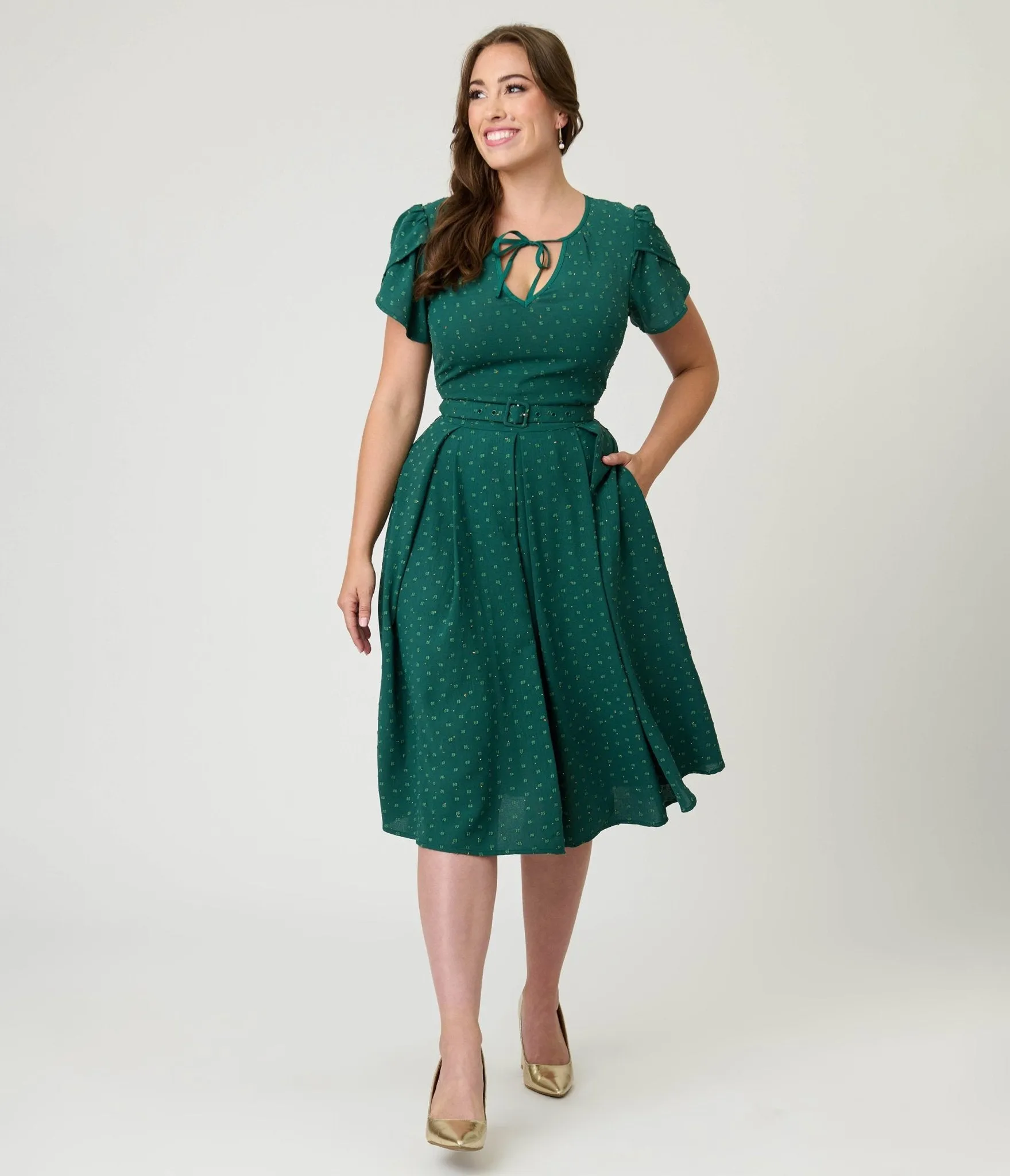 Unique Vintage Emerald & Gold Drop Dahlia Swing Dress sold by Unique Vintage product image thumbnail 3
